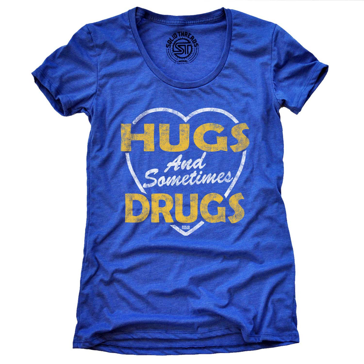 Women&#39;s Hugs and Sometimes Drugs Retro Graphic Tee | Funny Marijuana T-shirt | Solid Threads