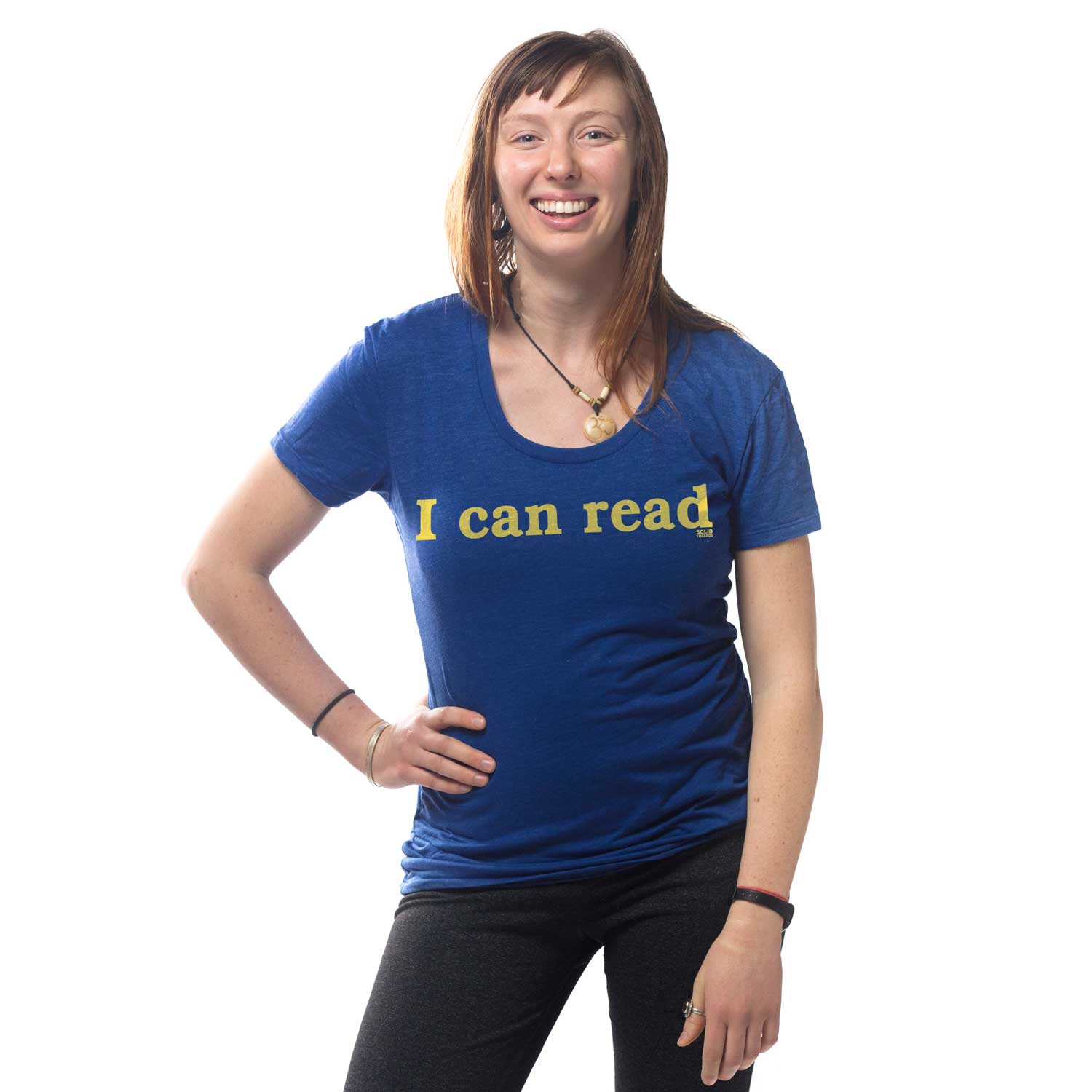 Women's I Can Read Funny Nerdy Graphic T-Shirt | Vintage Bookworm Tee on Model | Solid Threads