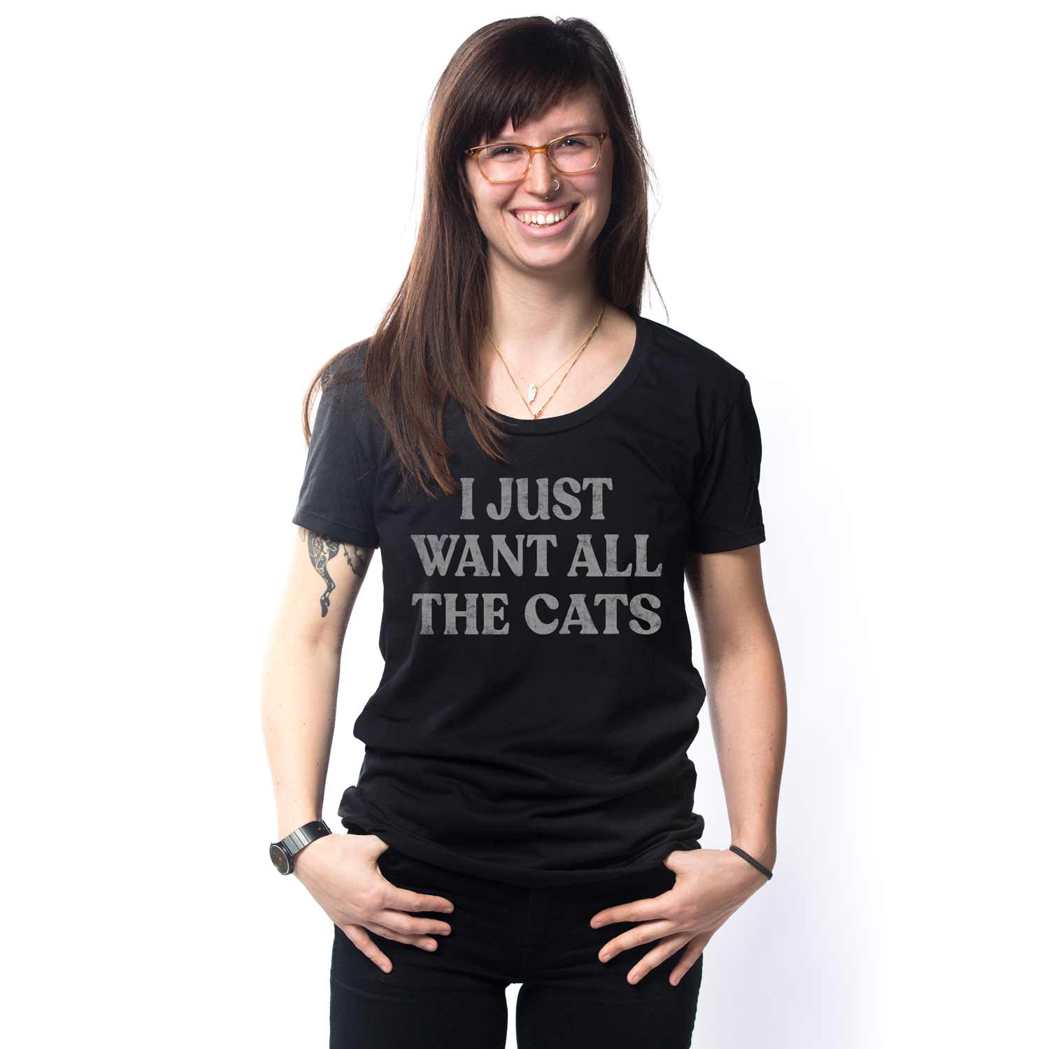 Women's I Just Want All The Cats Vintage Graphic Tee | Funny Animal T-shirt on Model | Solid Threads
