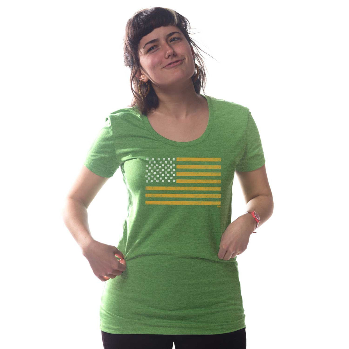 Women's Irish American Vintage Graphic Tee | Retro St. Paddy's T-Shirt on Model | Solid Threads