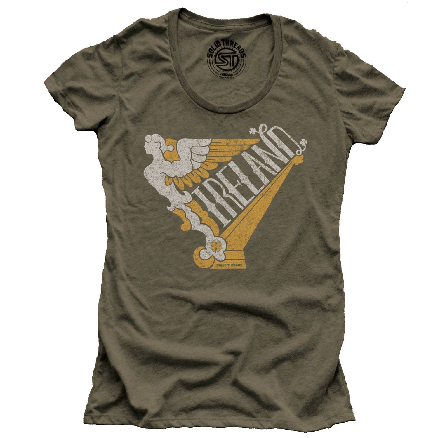Women's Ireland Harp Cool Music Graphic T-Shirt | Vintage St Paddy's Day Tee | Solid Threads