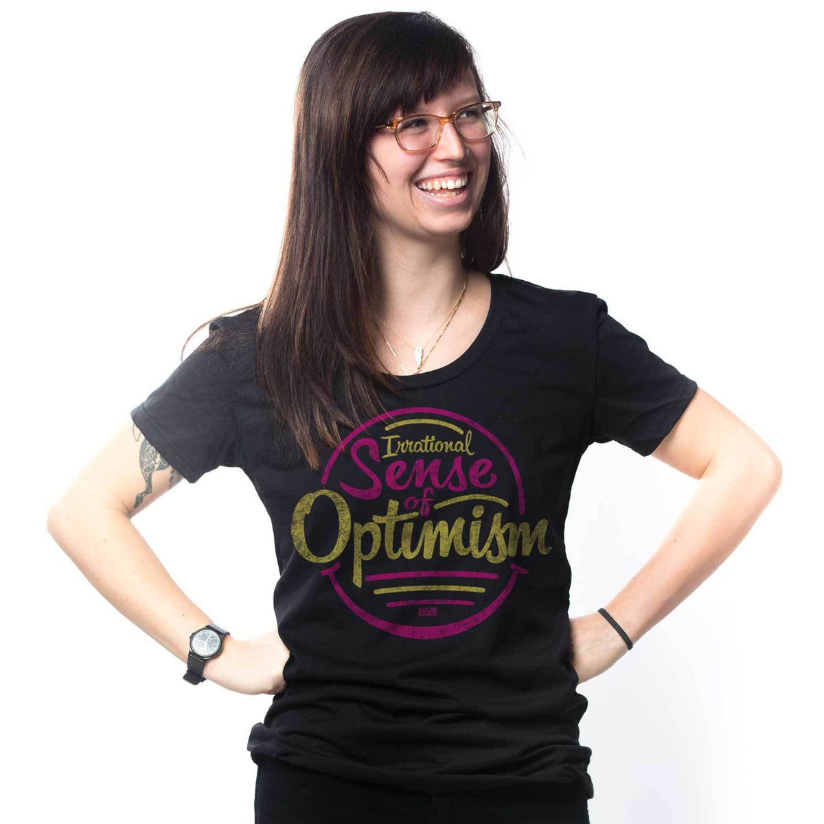 Women's Irrational Optimism Cool Graphic T-Shirt | Vintage Positivity Tee on Model | Solid Threads