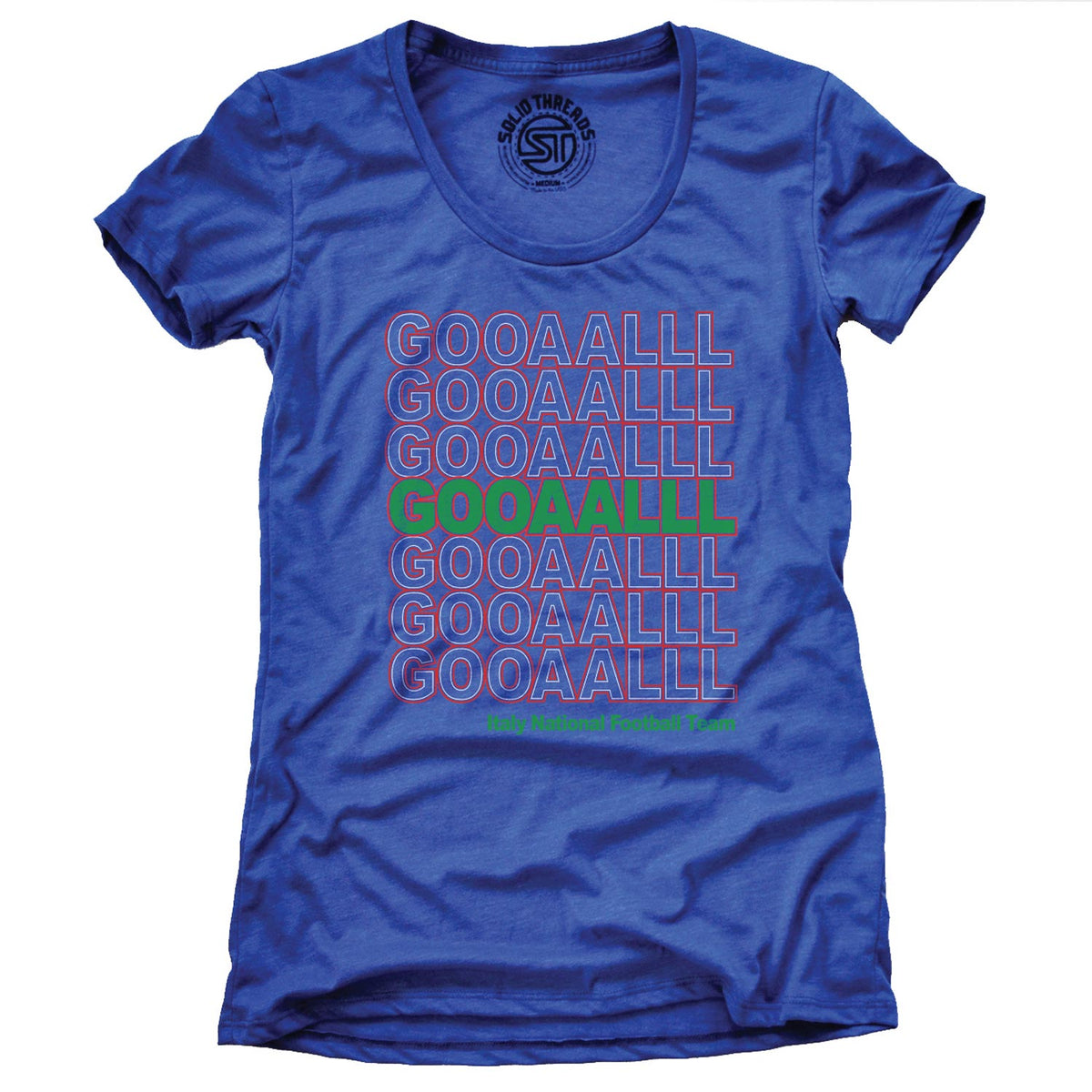 Women&#39;s Italy Soccer Gooaalll Cool Futbol Graphic T-Shirt | Vintage Azzurri Tee | Solid Threads