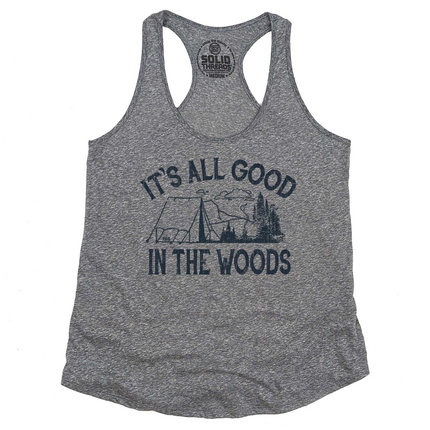 Women's It's All Good in the Woods Vintage Graphic Tank Top | Retro Camping T-shirt | Solid Threads