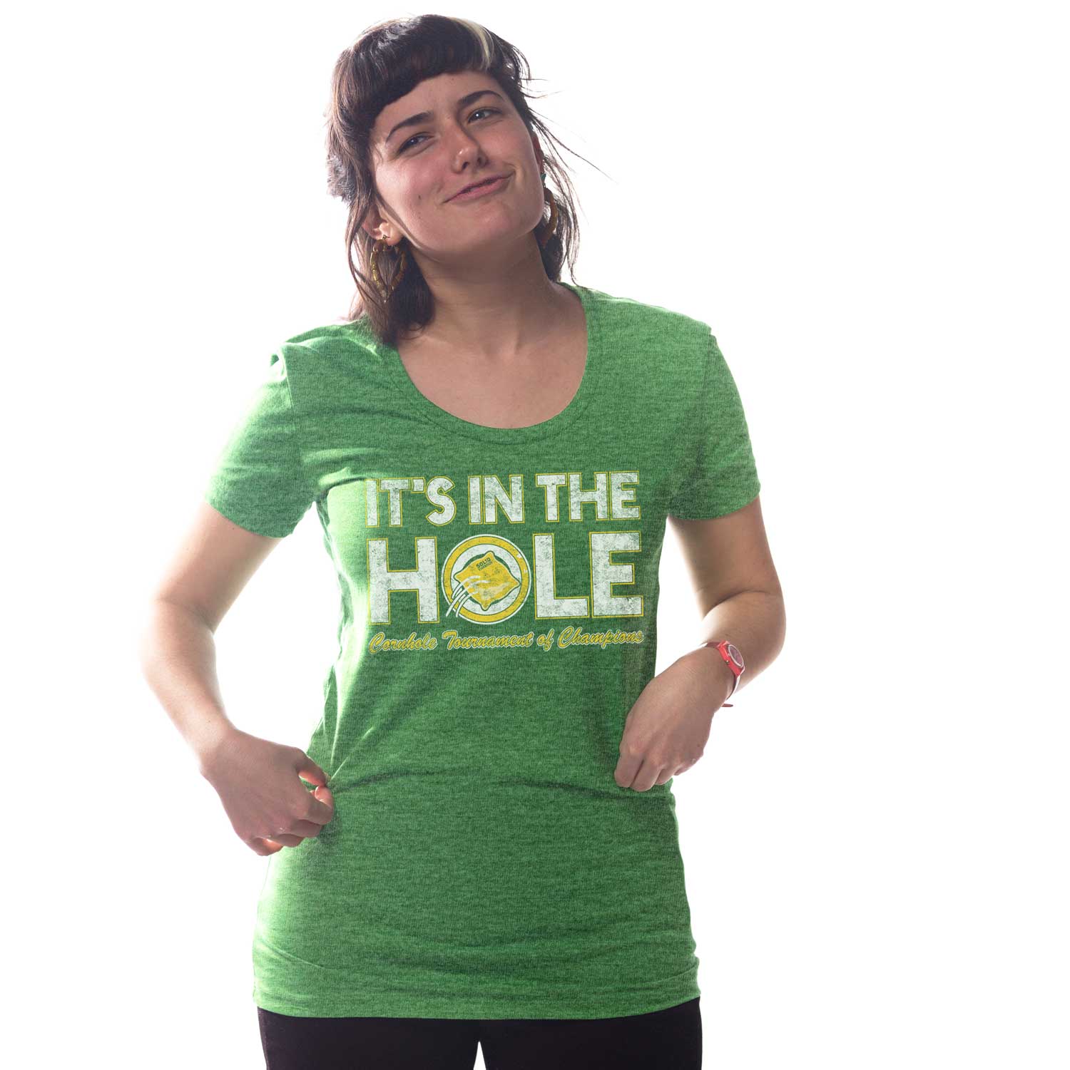 Women's It's In The Hole Vintage T-shirt | Funny Cornhole Graphic Tee On Model| Solid Threads