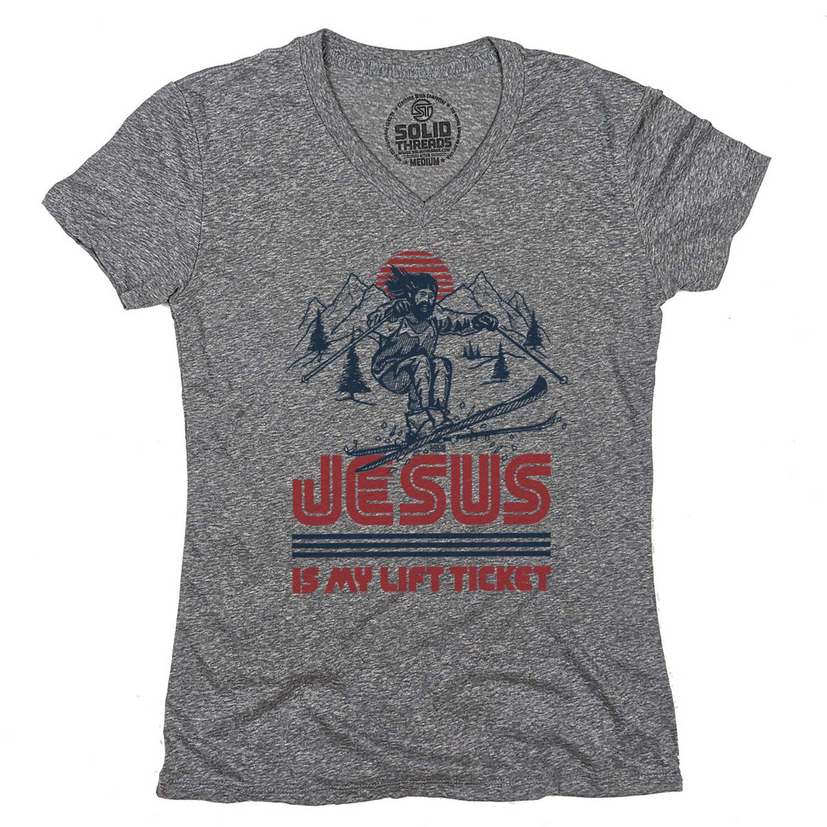Women&#39;s Jesus is My Lift Ticket Vintage Graphic V-Neck Tee | Funny Skiing T-shirt | Solid Threads