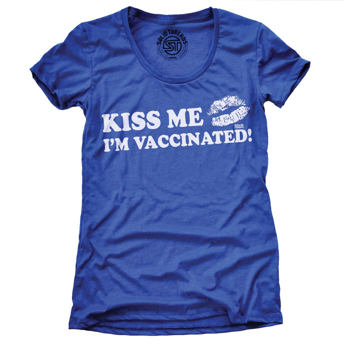 Women&#39;s Kiss Me I&#39;m Vaccinated Cool Vintage Graphic Tee Proceeds Support Science | Solid Threads