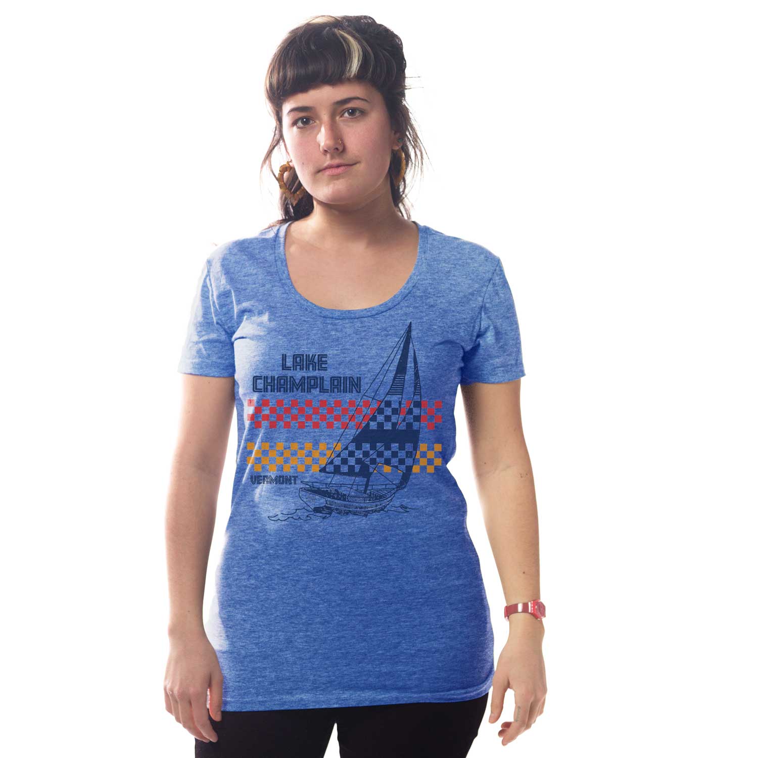 Women's Lake Champlain VT Sailboat Cool Graphic T-Shirt | Retro Vermont Tee on Model | Solid Threads