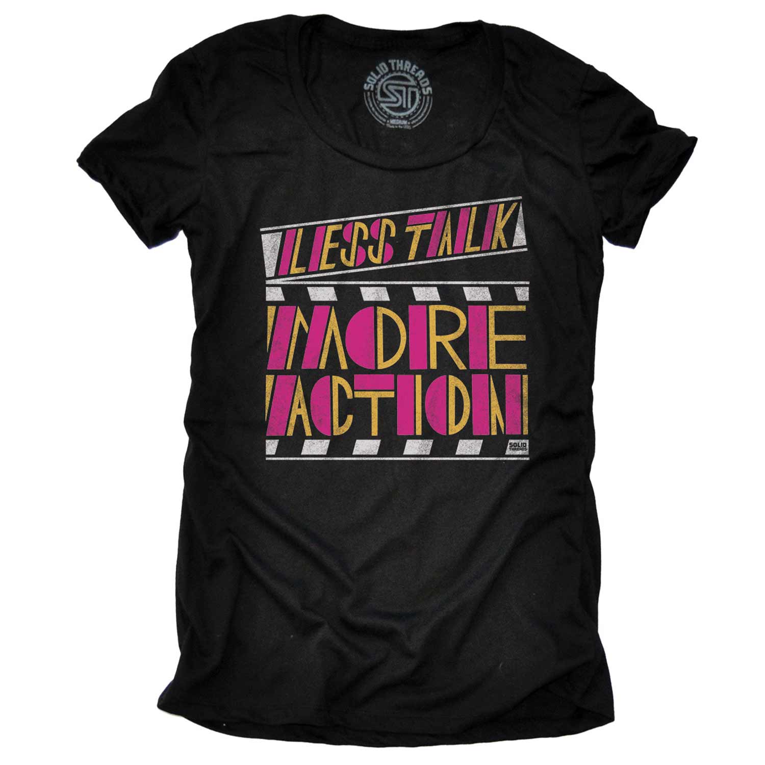 Women's Less Talk More Action Vintage Graphic Tee | Cool Movies T-shirt for Women | Solid Threads