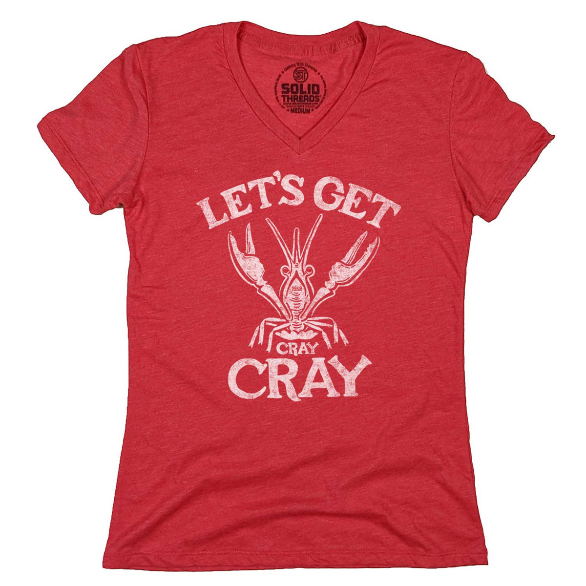 Women&#39;s Let&#39;s Get Cray Cray Vintage Graphic V-Neck Tee | Funny Crawfish T-shirt | Solid Threads