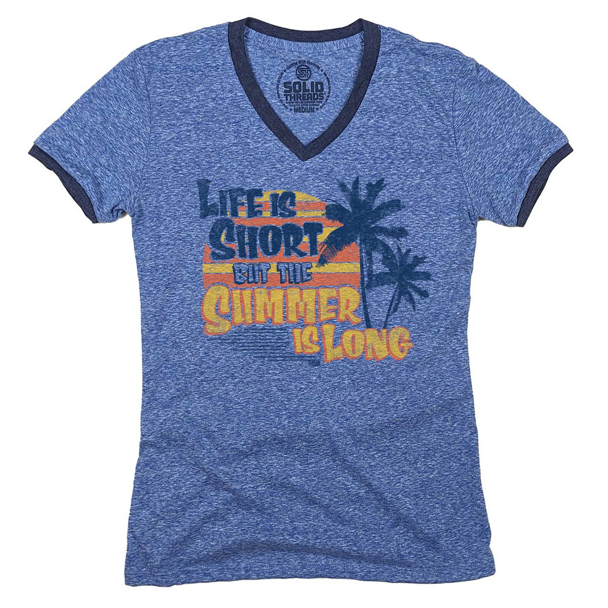 Women&#39;s Life is Short But Summer is Long Vintage Graphic V-Neck Tee | Beach T-shirt | Solid Threads
