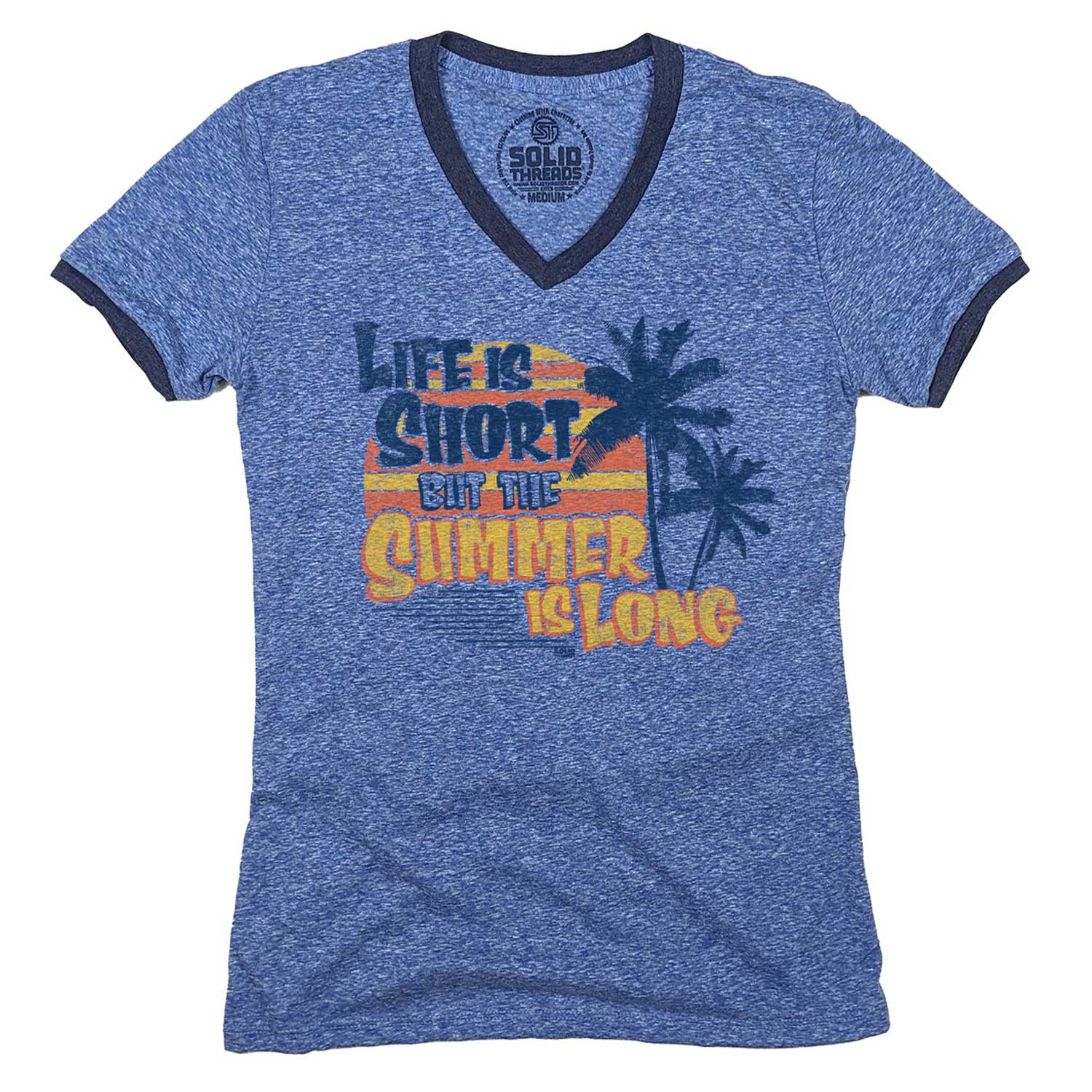 Women's Life is Short But Summer is Long Vintage Graphic V-Neck Tee | Beach T-shirt | Solid Threads