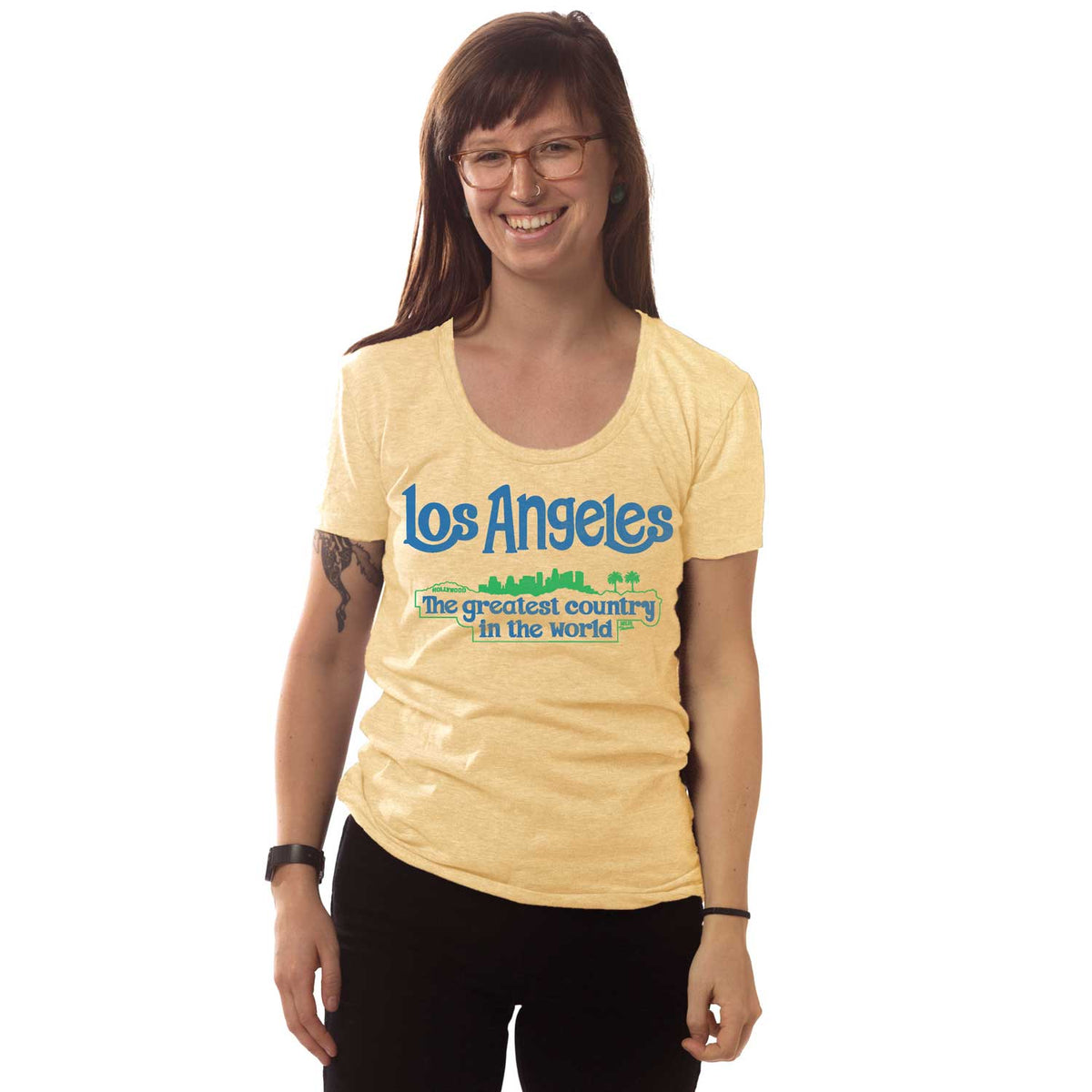 Women's LA Greatest Country Vintage Graphic T-shirt | Funny California Tee on Model | Solid Threads