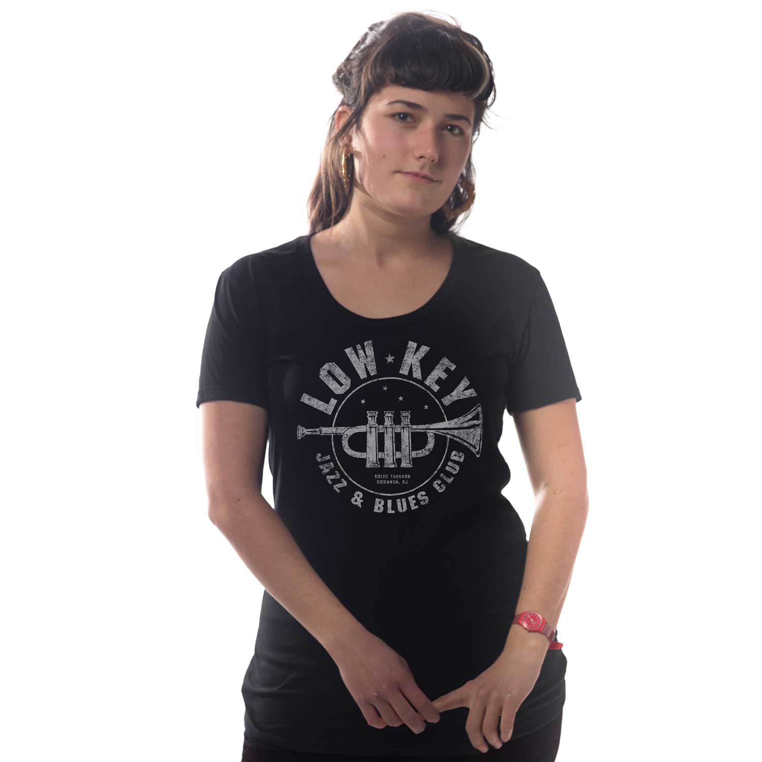 Women's Low Key Jazz And Blues Club Cool Graphic T-Shirt | Vintage Music Tee | Solid Threads