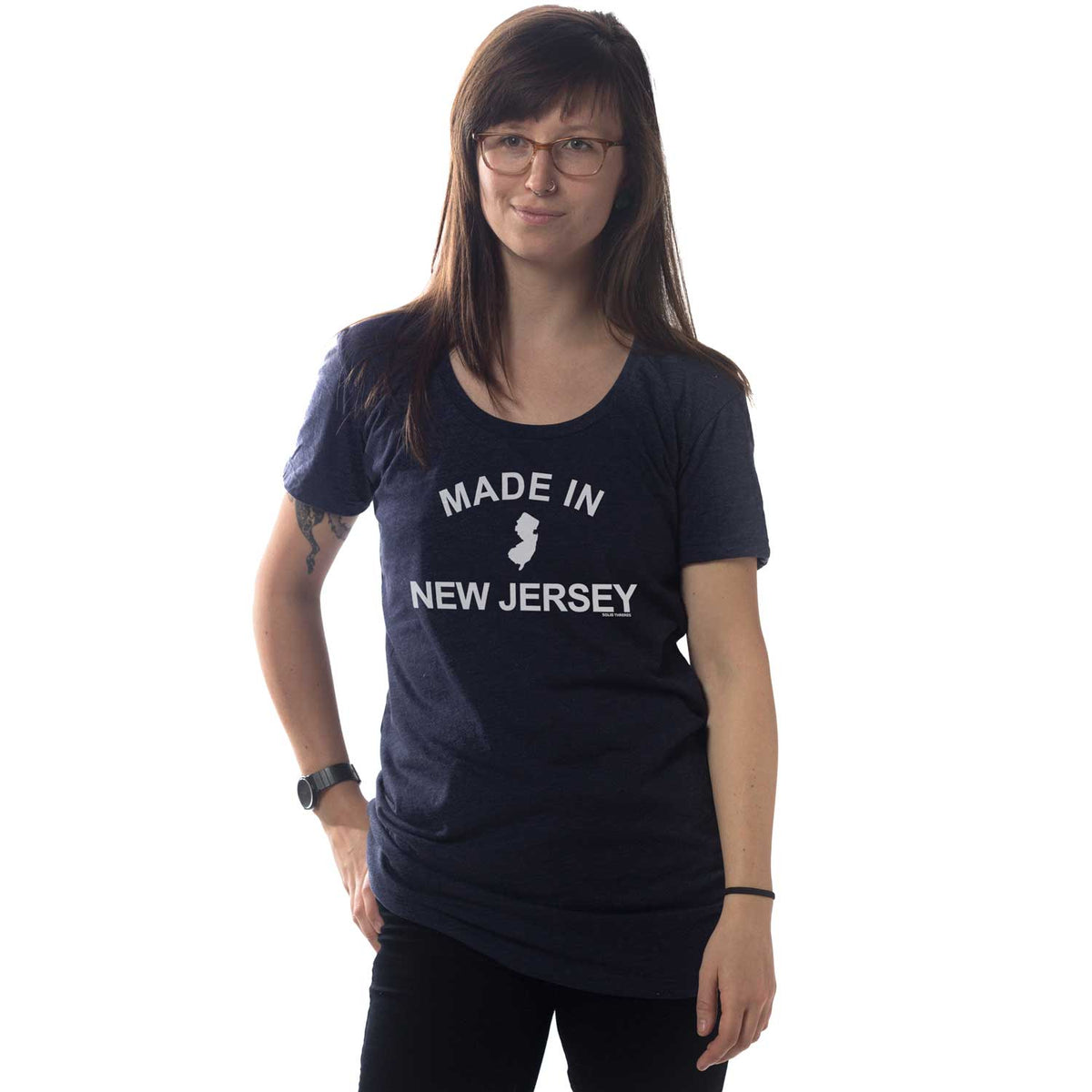 Women's Made In New Jersey Cool Graphic T-Shirt | Vintage Garden State Tee on Model | Solid Threads