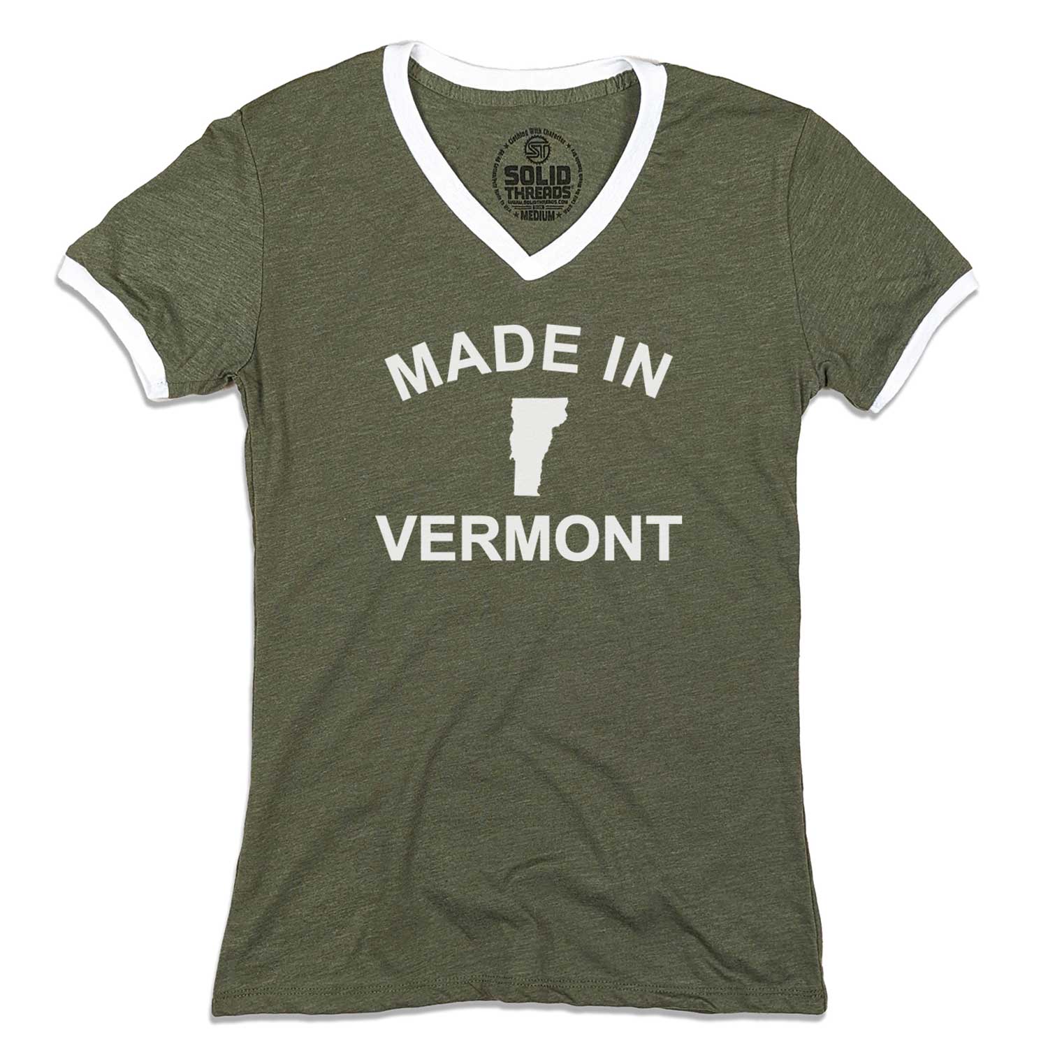 Women's Made in Vermont Vintage Graphic V-Neck Tee | Retro Green Mountains T-Shirt | Solid Threads