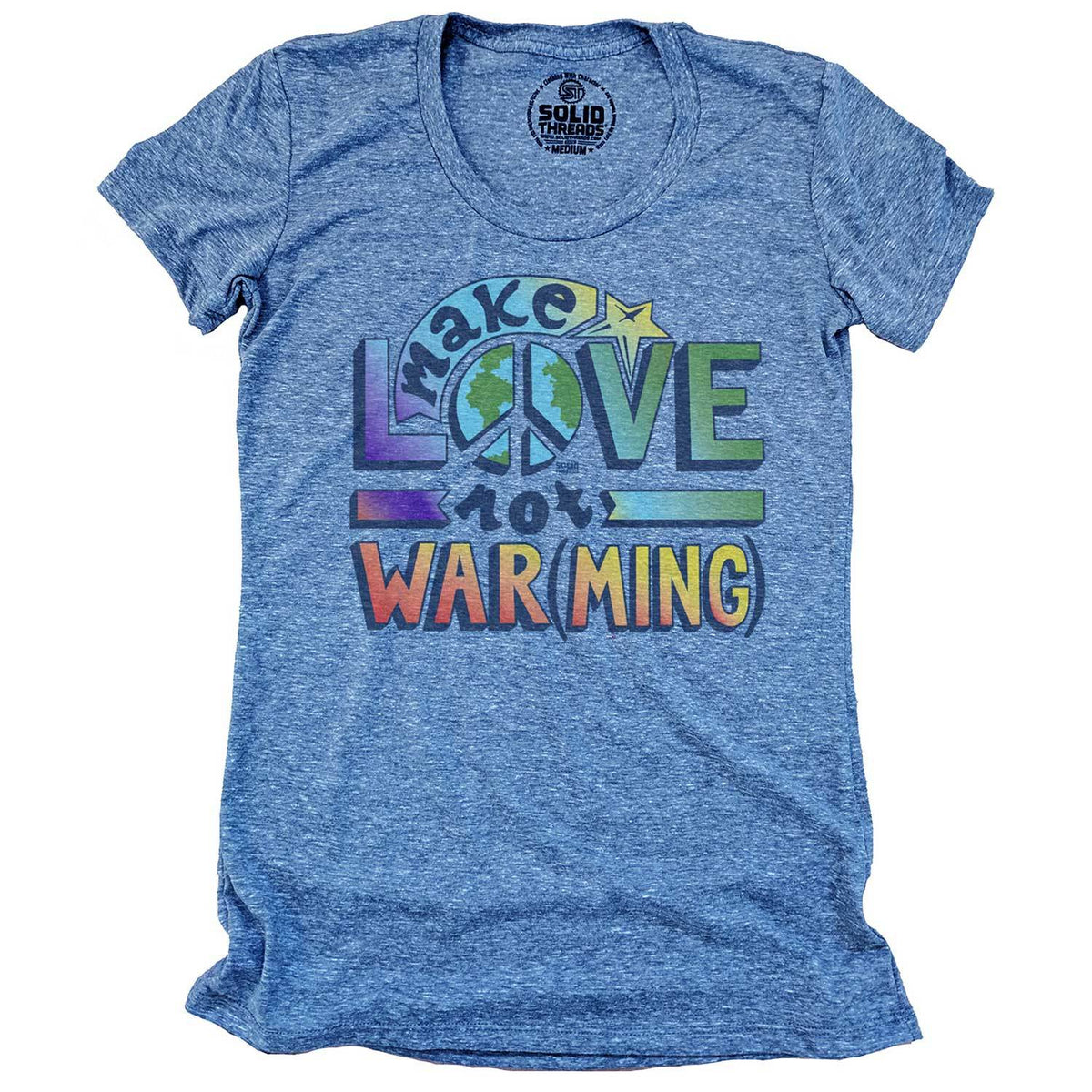 Women&#39;s Make Love Not Warming Vintage Inspired Scoopneck T-Shirt | Retro Environmentalism Graphic Tee | Solid Threads