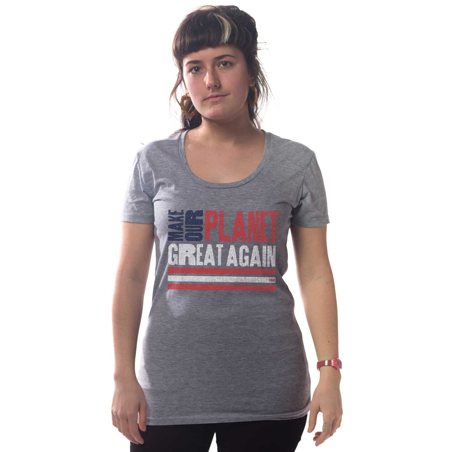 Women's Make Planet Great Again Cool Graphic T-Shirt | Vintage Peace Tee on Model | Solid Threads