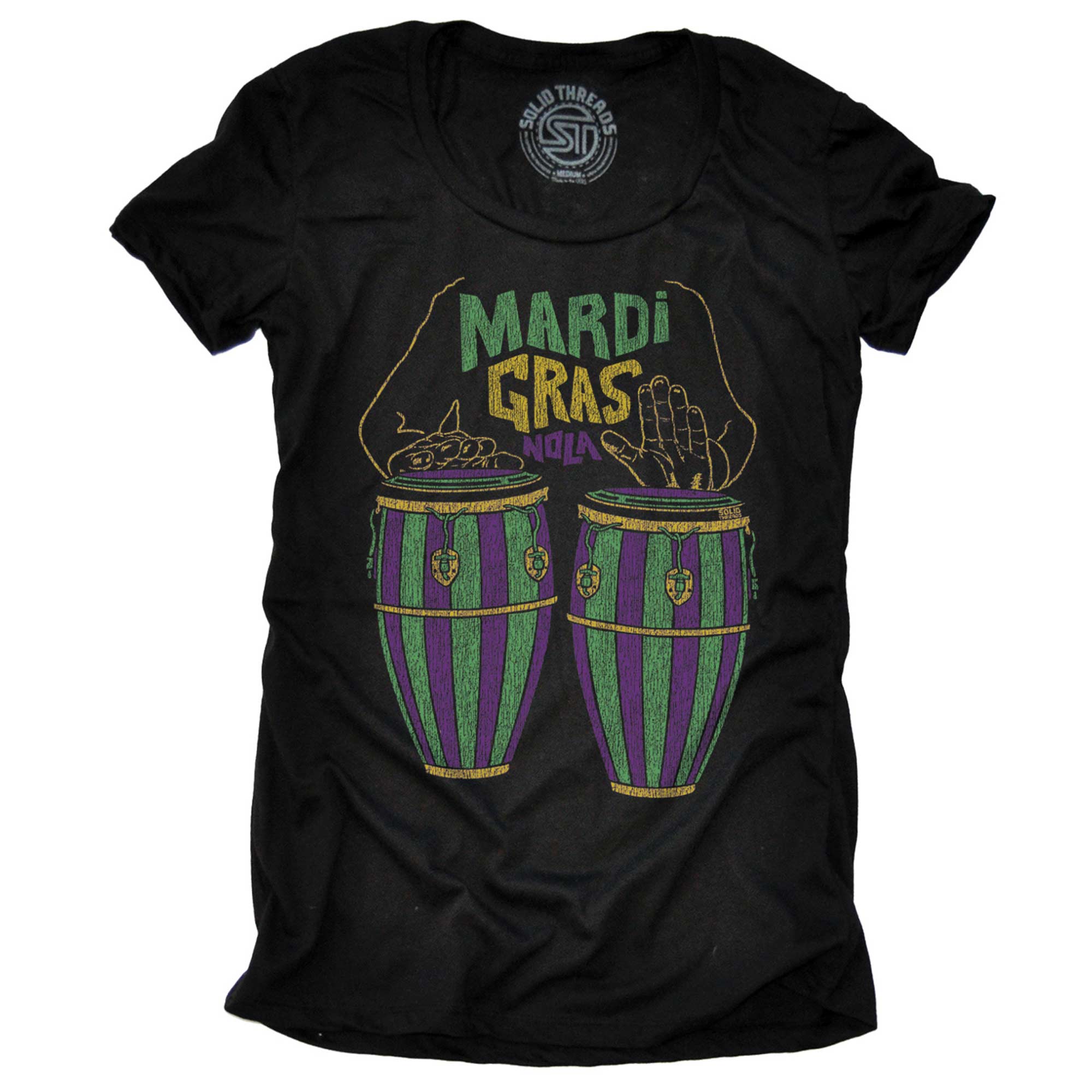 Women's Mardi Gras Drums Vintage Graphic Tee | Retro New Orleans Music T-Shirt | SOLID THREADS