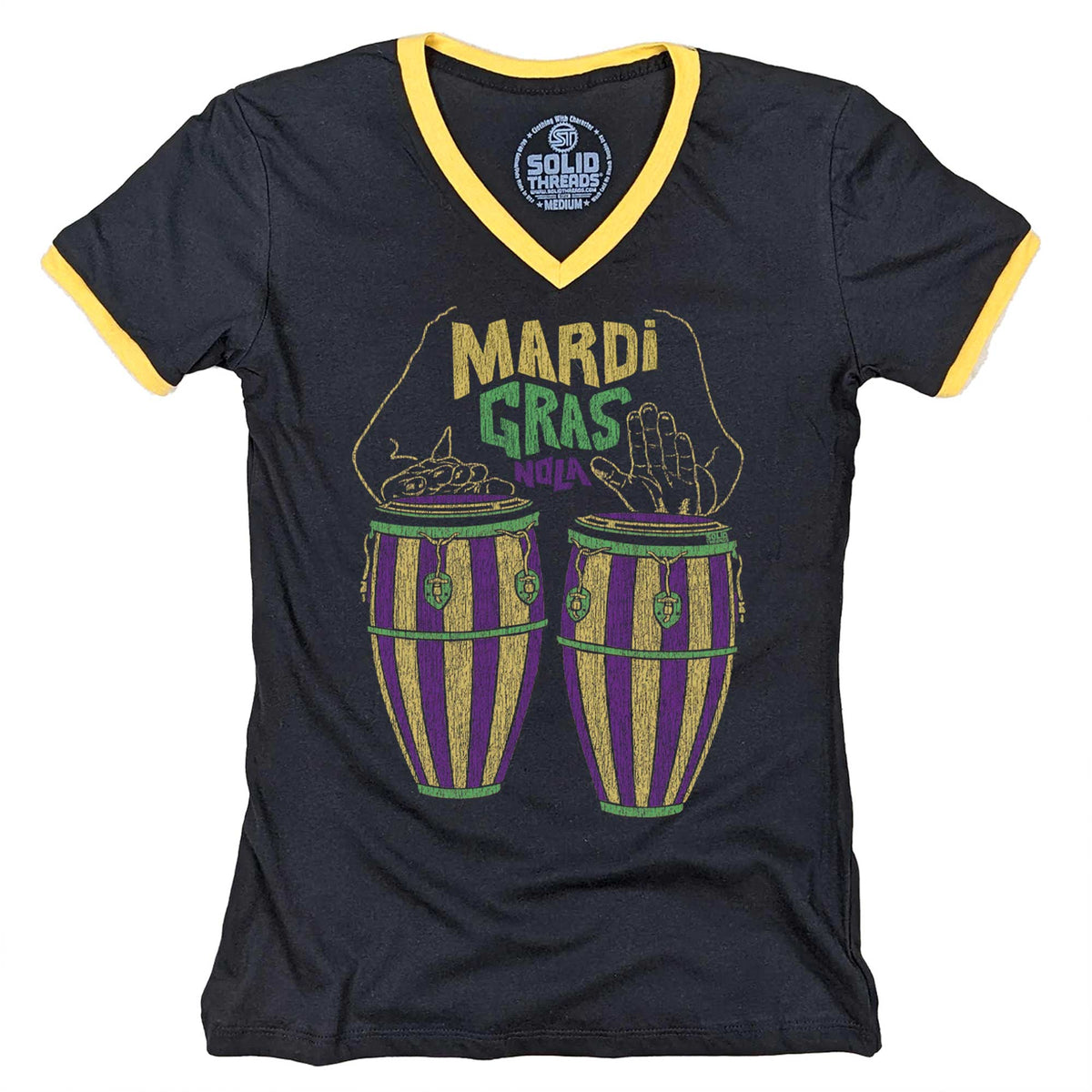 Women&#39;s Mardi Gras Drums Vintage Graphic V-Neck Tee | Cool New Orleans Music T-Shirt | SOLID THREADS