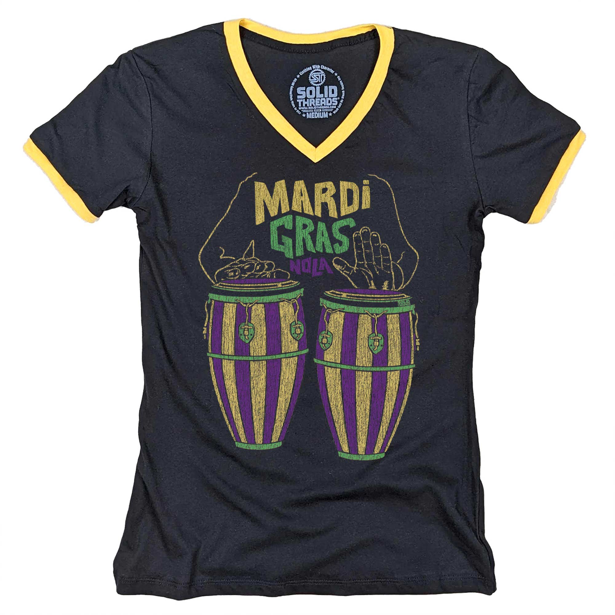 Women's Mardi Gras Drums Vintage Graphic V-Neck Tee | Cool New Orleans Music T-Shirt | SOLID THREADS
