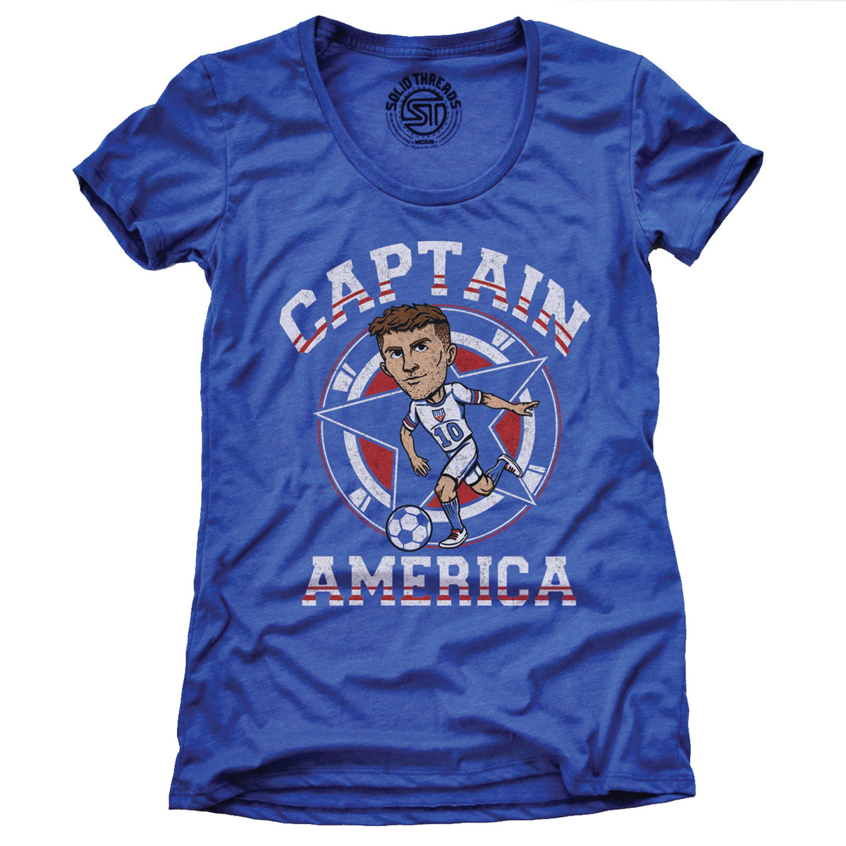 Women&#39;s Captain America Soccer Cool Graphic T-Shirt | Vintage Pulisic Soft Tee | Solid Threads