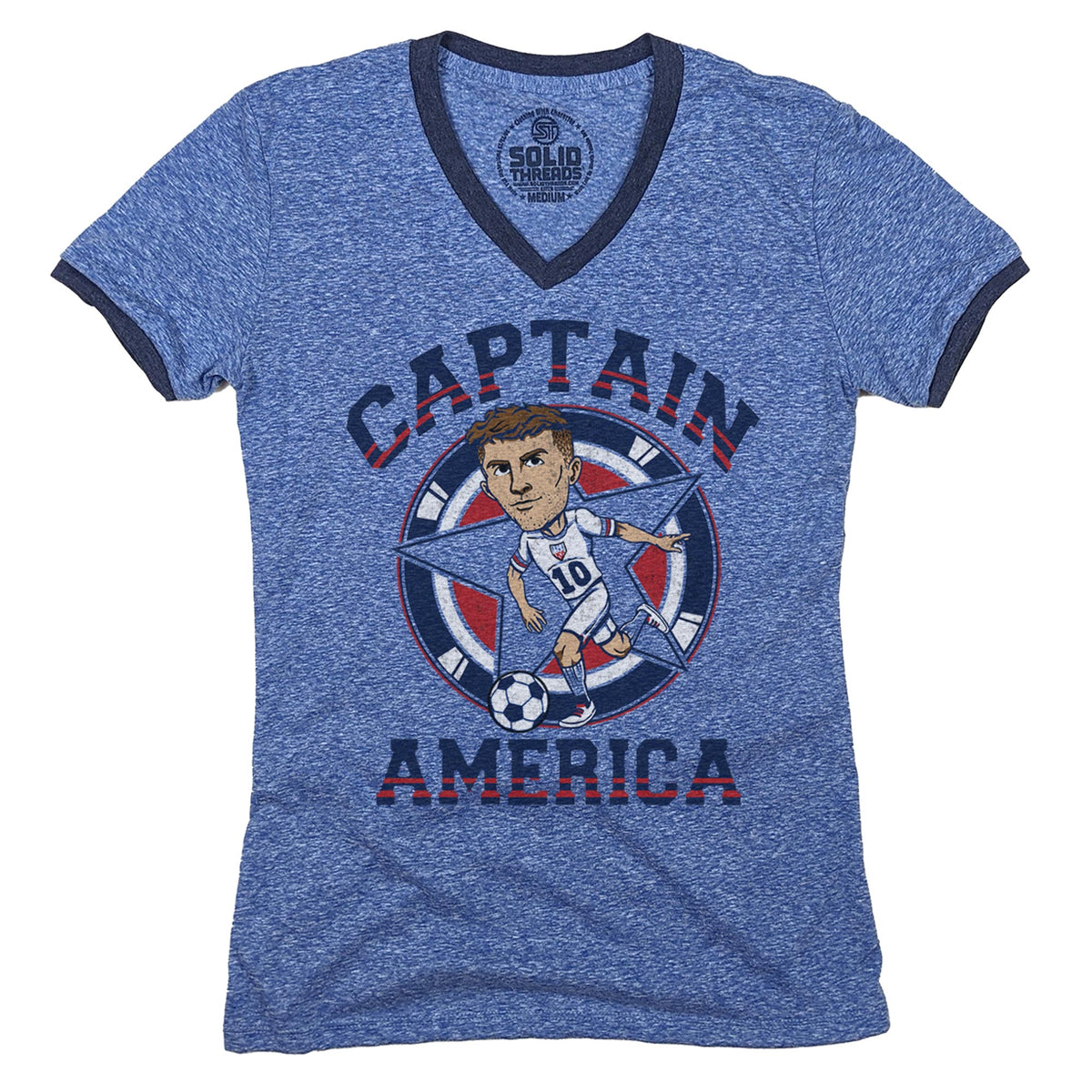 womens captain america vintage graphic tee | cool usa soccer triblend royal navy v-neck t-shirt - solid threads