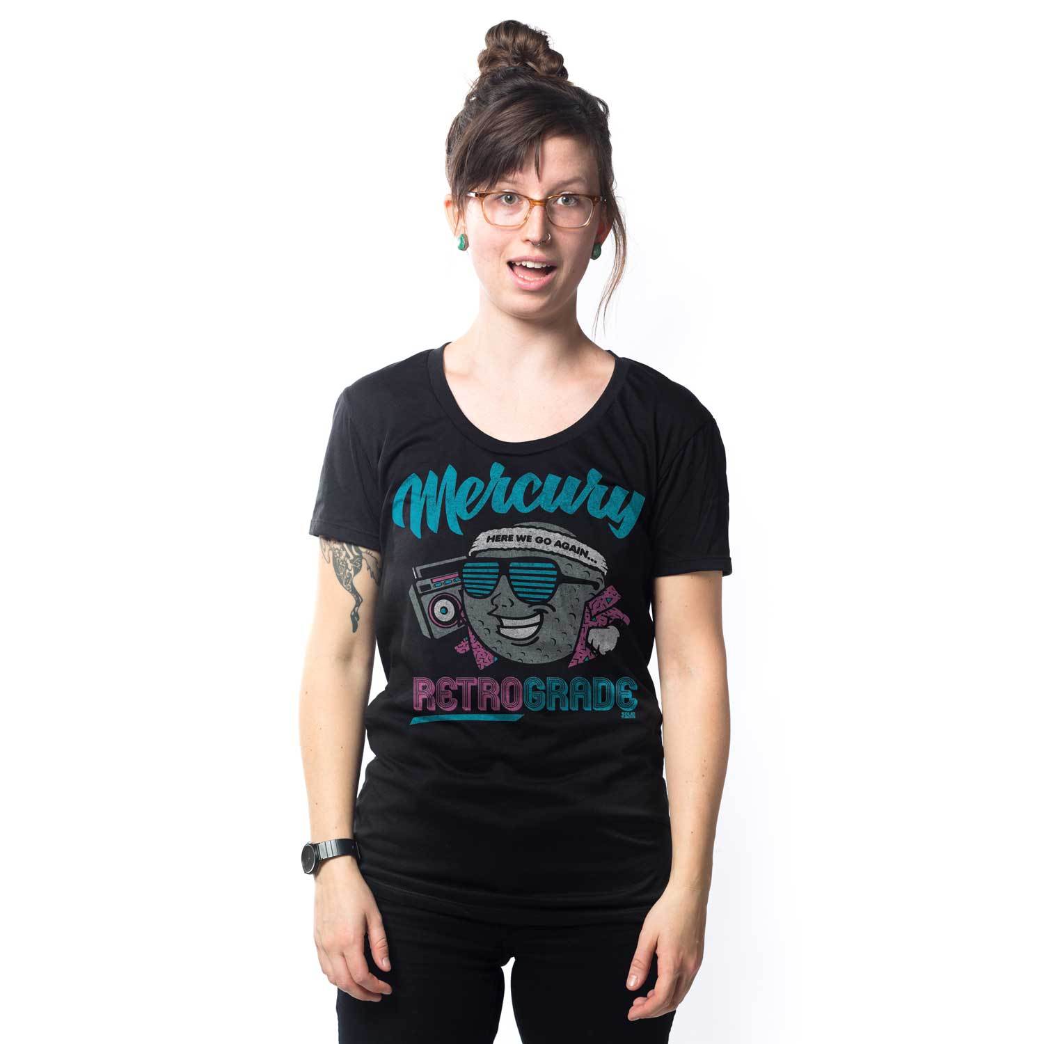 Women's Mercury Retrograde Vintage Graphic T-Shirt | Funny Astrology Tee on Model | Solid Threads