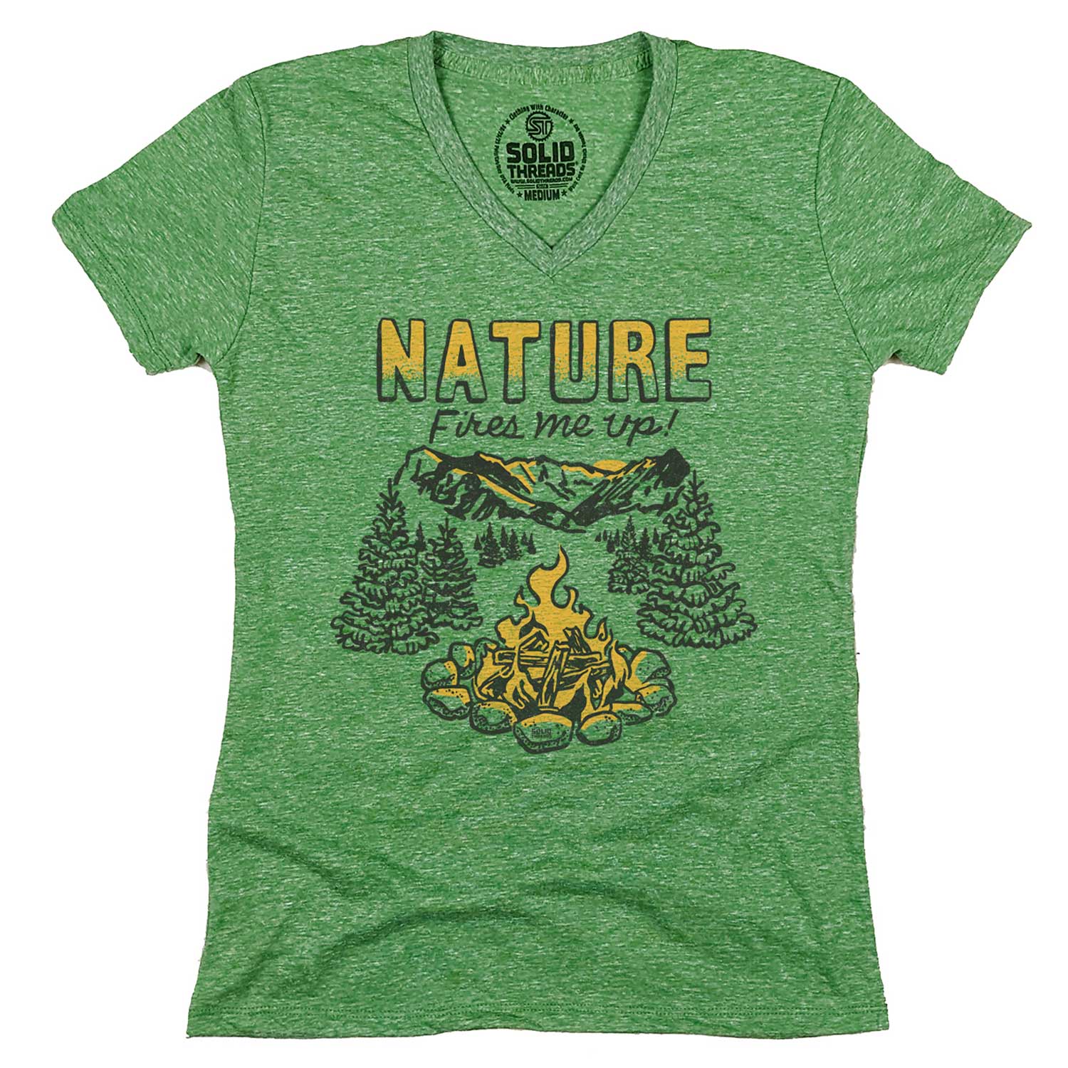 Women's Nature Fires Me Up Vintage Graphic V-Neck Tee | Funny Camping T-shirt | Solid Threads