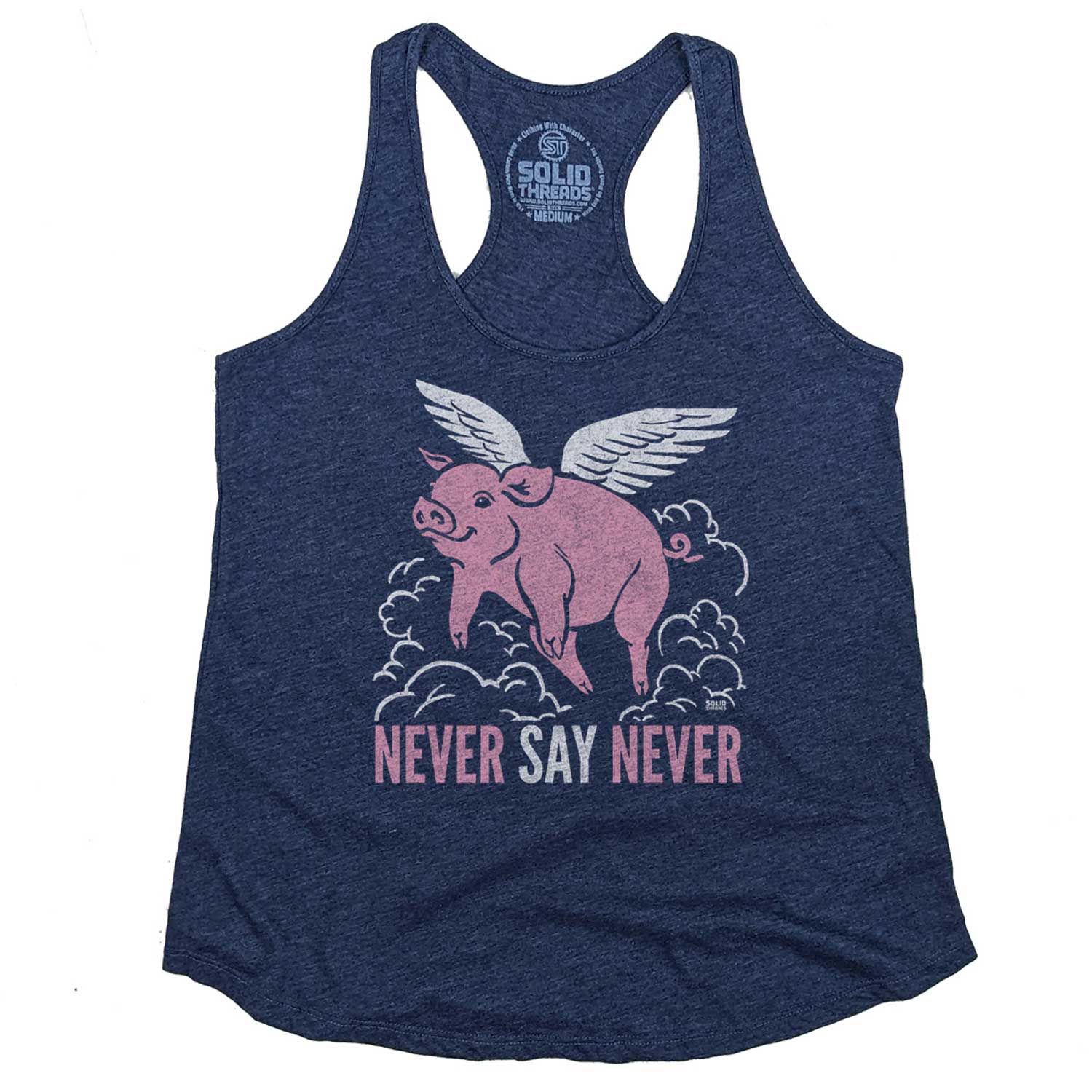 Women's Never Say Never Vintage Graphic Tank Top | Funny Pig T-shirt | Solid Threads