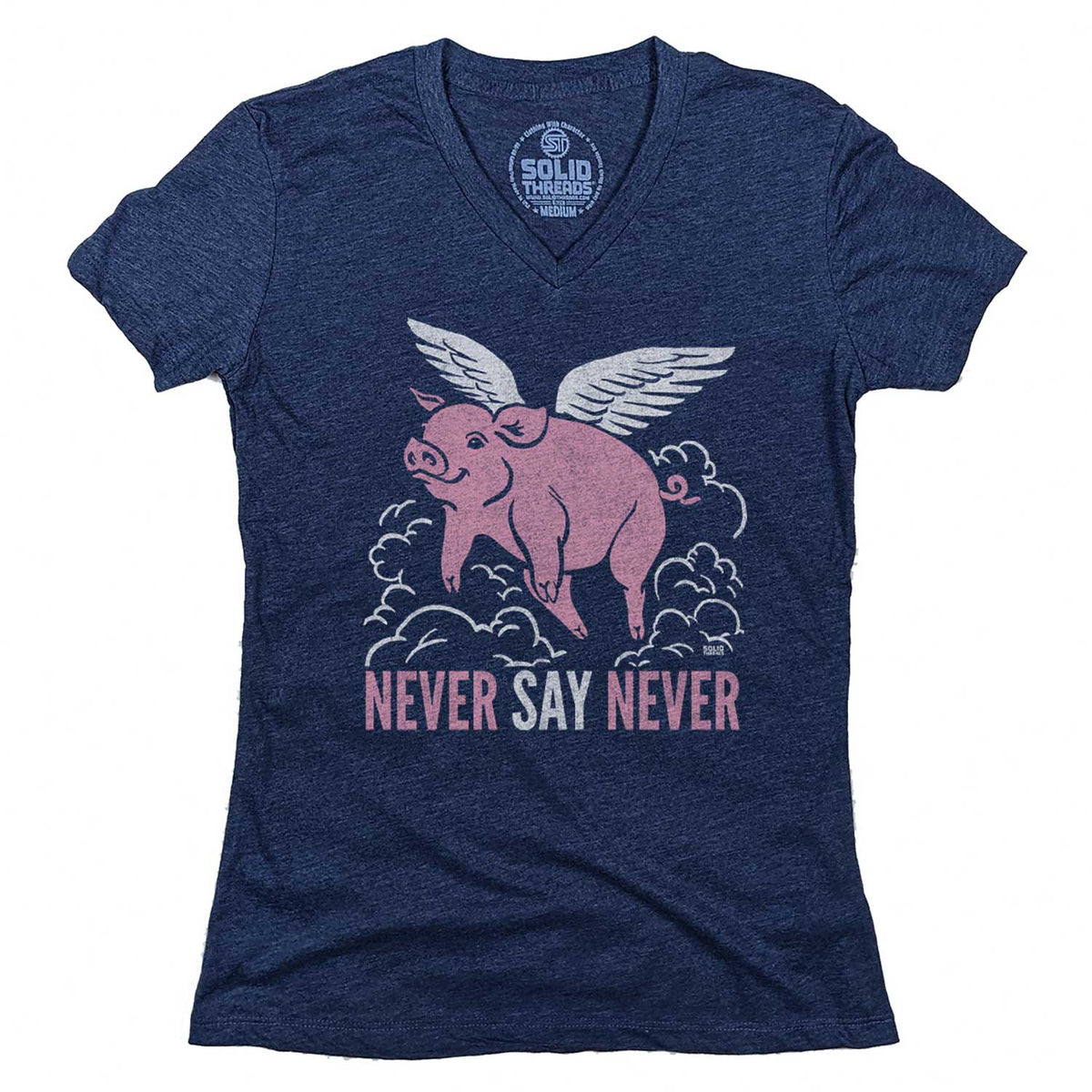 Women&#39;s Never Say Never Vintage Graphic V-Neck Tee | Funny Pig T-shirt | Solid Threads