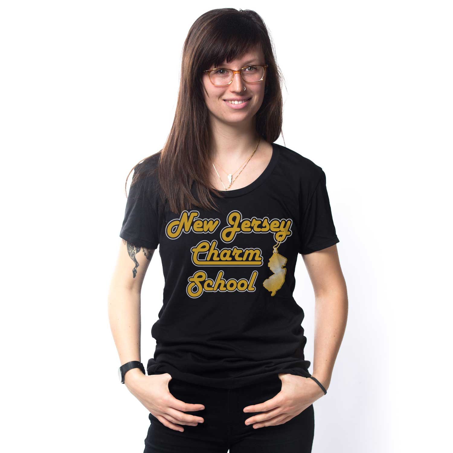 Women's NJ Charm School Vintage Graphic T-Shirt | Funny Garden State Tee on Model | Solid Threads