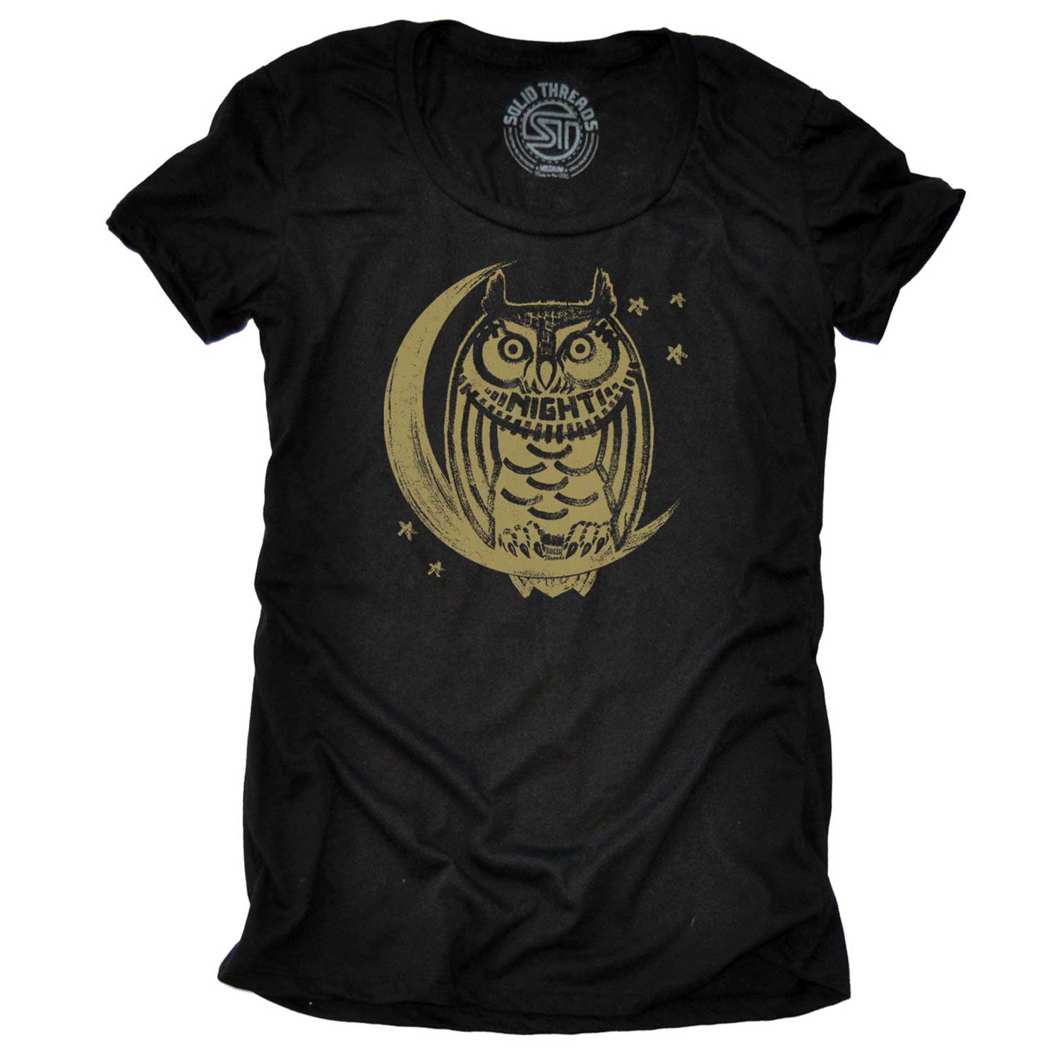 Women's Night Owl Retro Bird Watching Graphic Tee | Funny Insomnia Sleep T-shirt | Solid Threads
