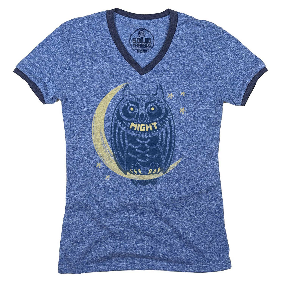 Women&#39;s Night Owl Vintage Graphic V-Neck Tee | Funny Owl T-shirt | Solid Threads