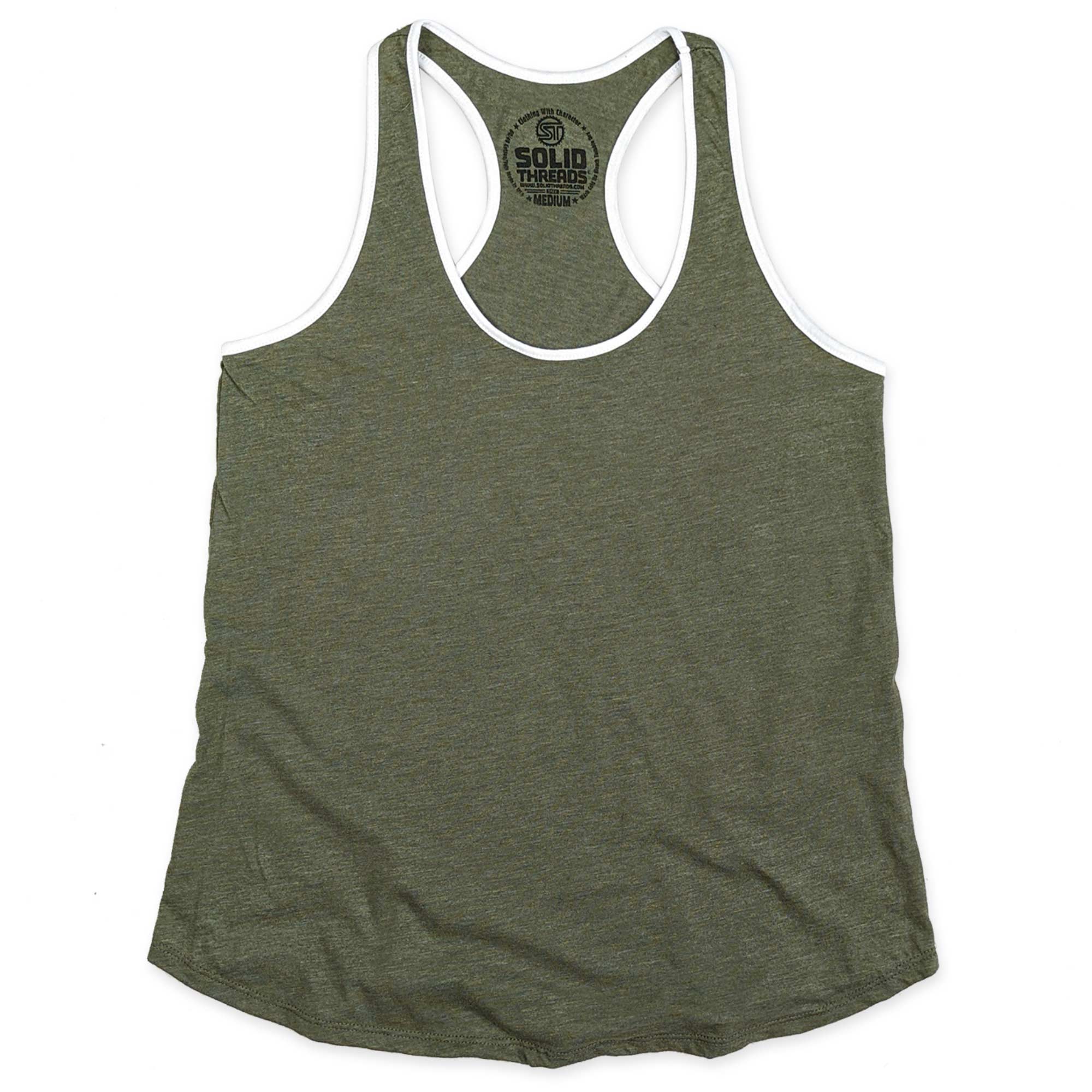 Women's Solid Threads Retro Ringer Olive/White Tank Top | Vintage Inspired USA Made Tee