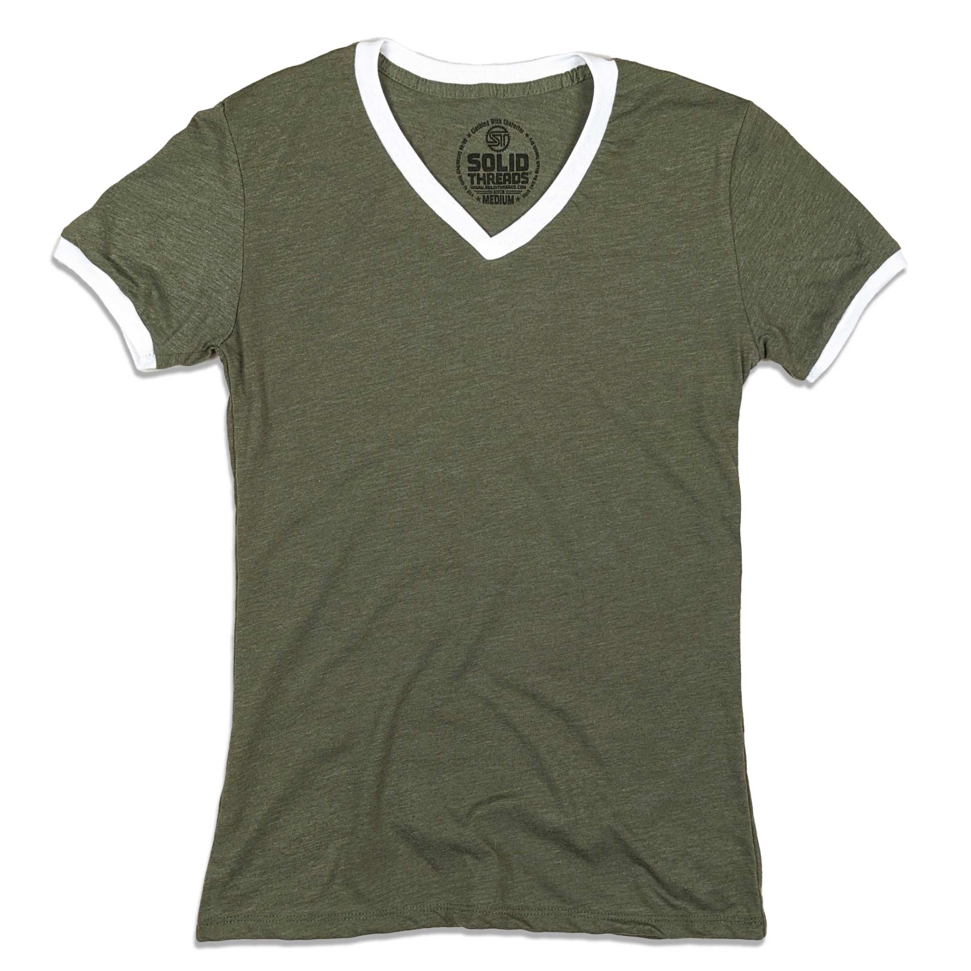 Women's Solid Threads V-Neck Olive/White Retro RInger T-shirt | Vintage Inspired USA Made Tee