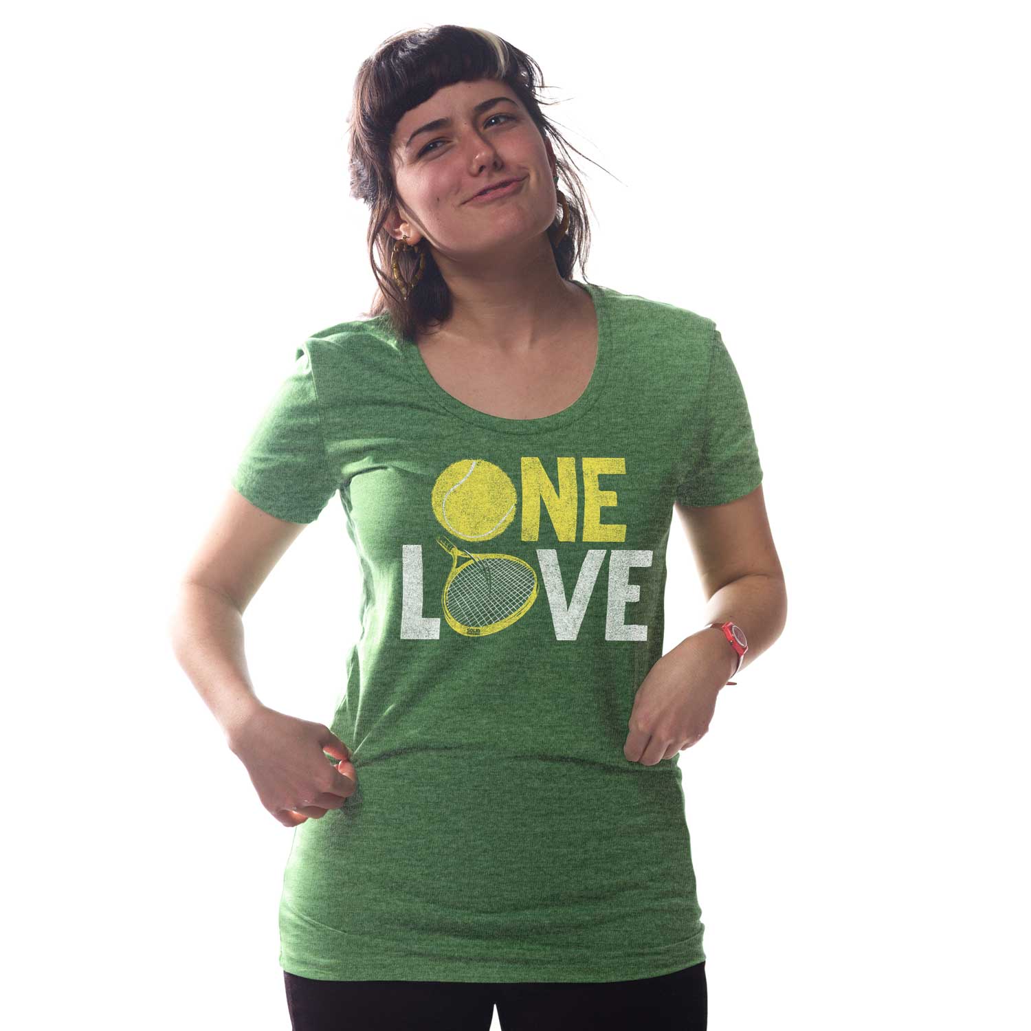 Women's One Love Cool Graphic T-Shirt | Vintage Tennis Racket Triblend Tee on Model | Solid Threads