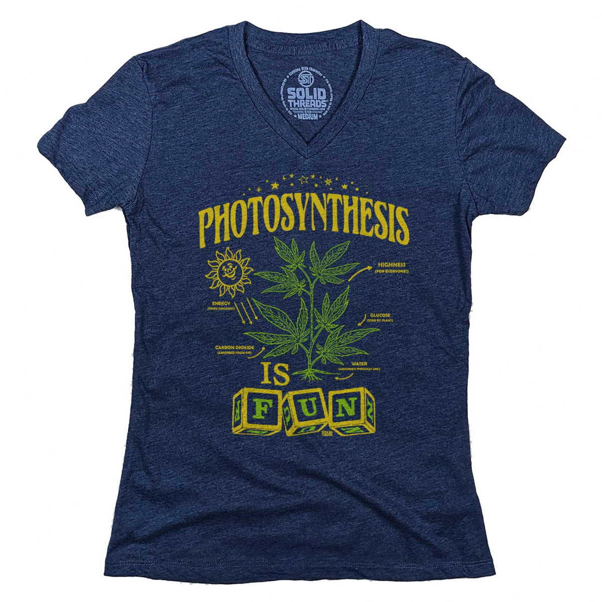Women&#39;s Photosynthesis is Fun Vintage Graphic V-Neck Tee | Funny Marijuana T-shirt | Solid Threads