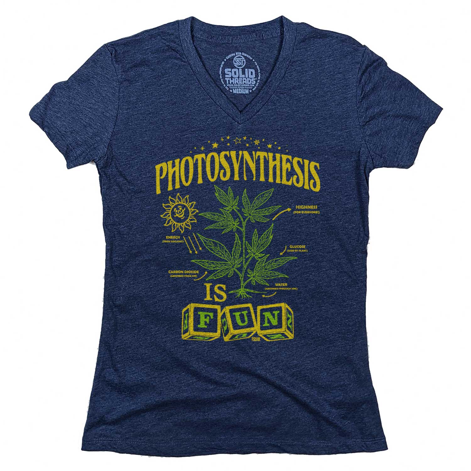 Women's Photosynthesis is Fun Vintage Graphic V-Neck Tee | Funny Marijuana T-shirt | Solid Threads