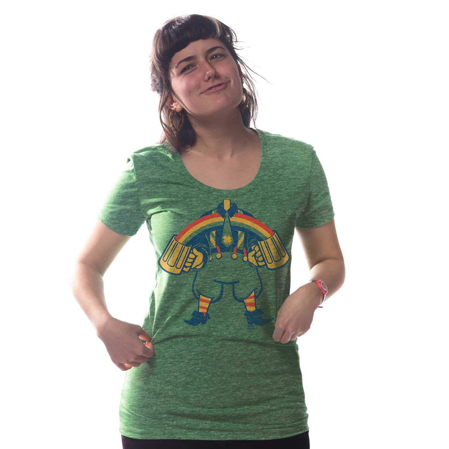 Women's Rainbow Leprechaun Vintage Graphic Tee | Funny St. Paddy's T-shirt on Model | Solid Threads