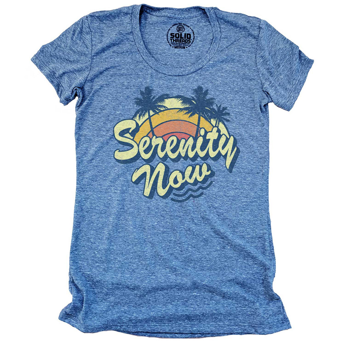 Women&#39;s Serenity Now Cool Ocean Graphic T-Shirt | Vintage Beach Vacation Tee | Solid Threads