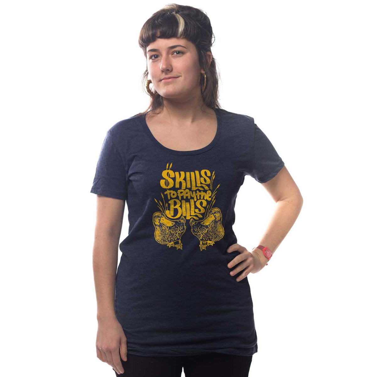 Women's Skills to Pay Bills Vintage Graphic Tee | Funny Duck Graphic Tee On Model | Solid Threads