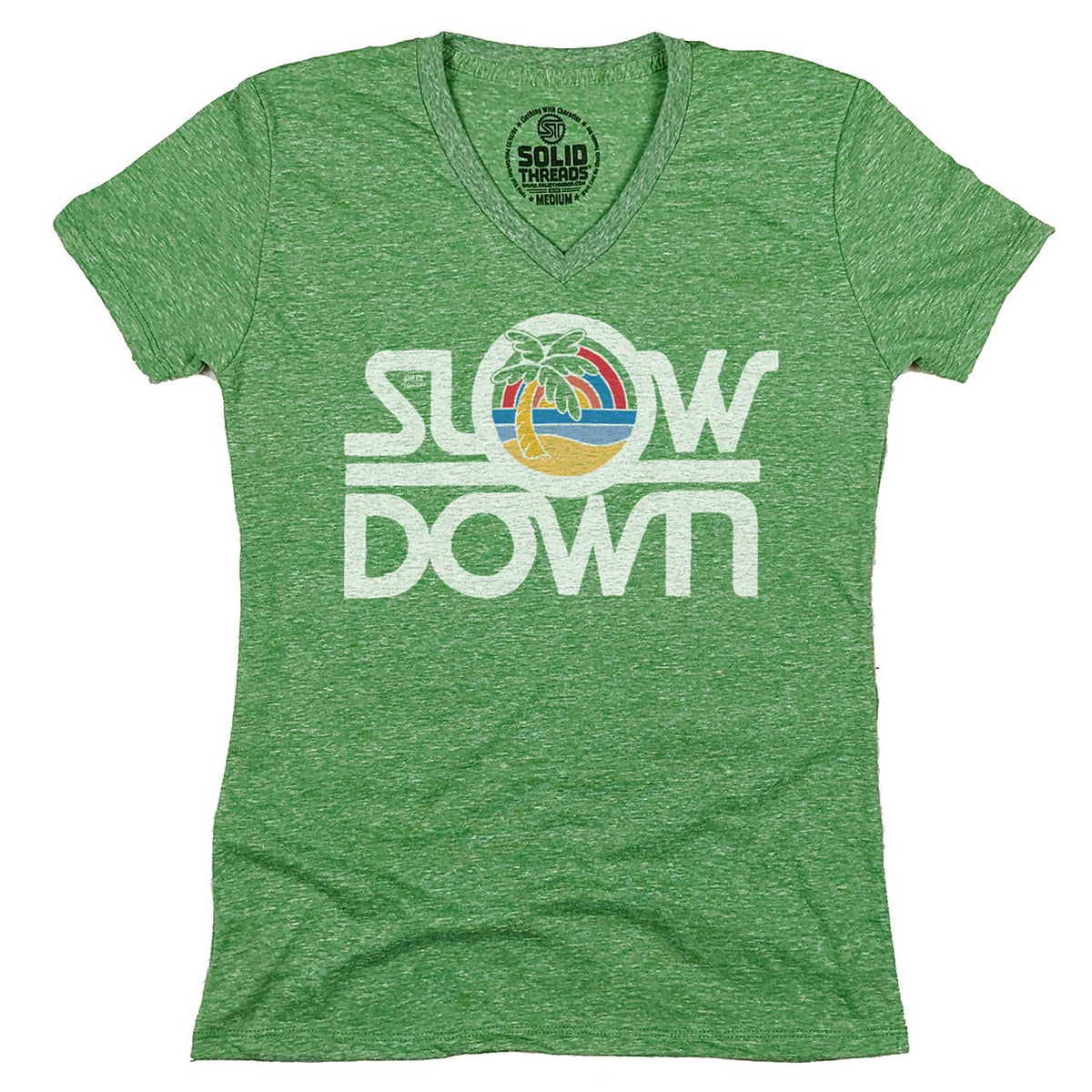 Women&#39;s Slow Down Vintage Graphic V-Neck Tee | Retro Vacation T-shirt | Solid Threads