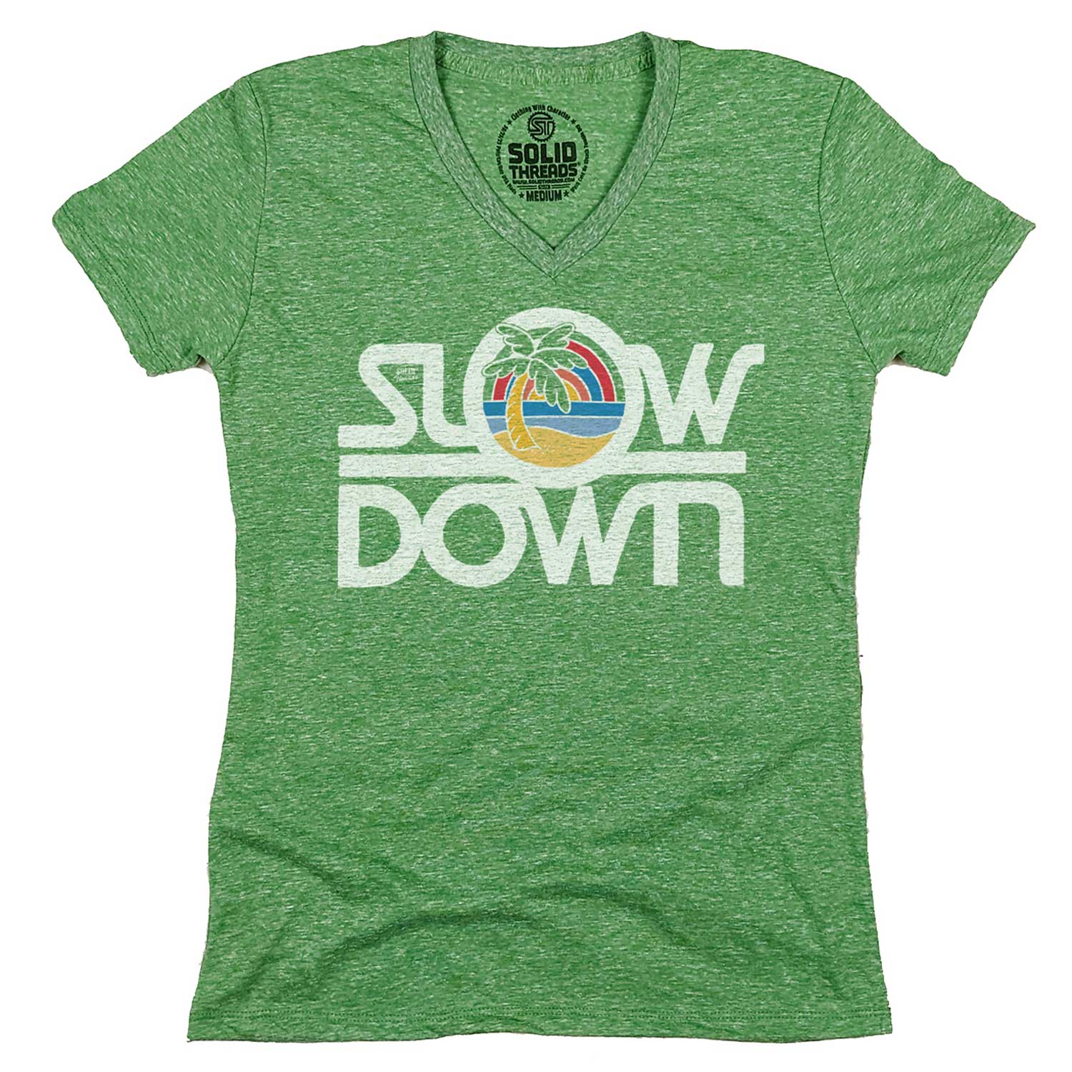 Women's Slow Down Vintage Graphic V-Neck Tee | Retro Vacation T-shirt | Solid Threads