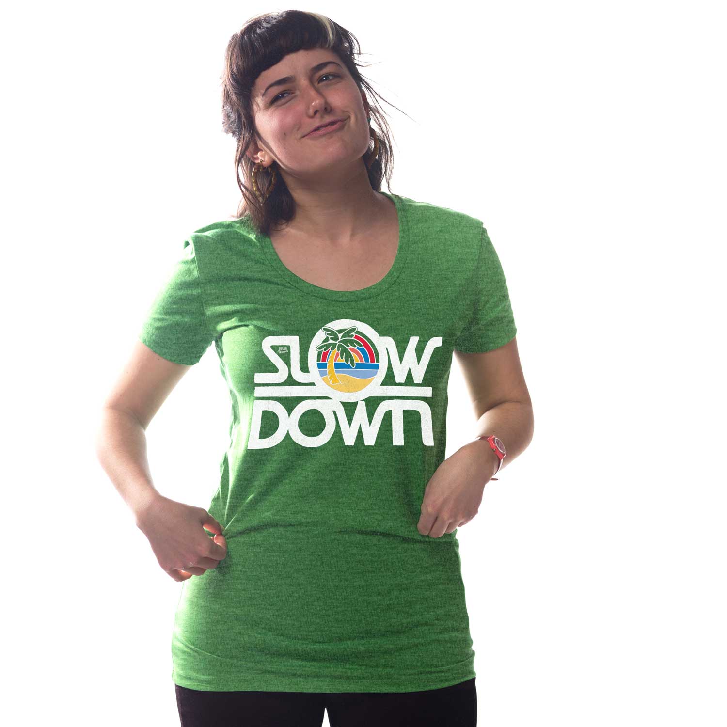 Women's Slow Down Cute Vintage Graphic Tee | Retro Beach Vacation T-shirt on Model | SOLID THREADS