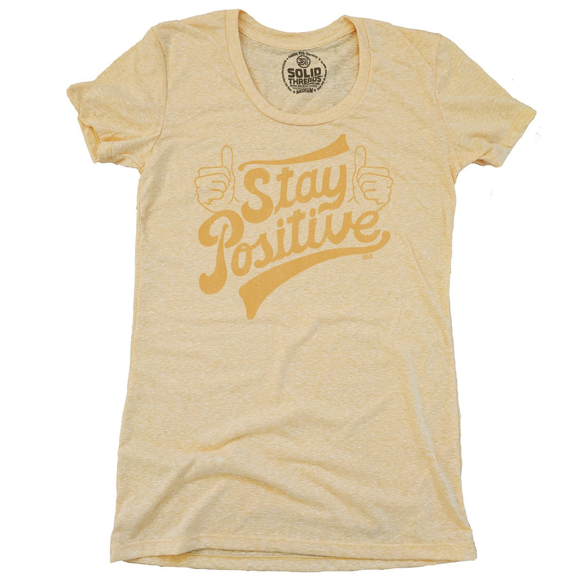 Women's Stay Positive Vintage Happy Graphic T-Shirt | Retro Wholesome Tee on Model | Solid Threads