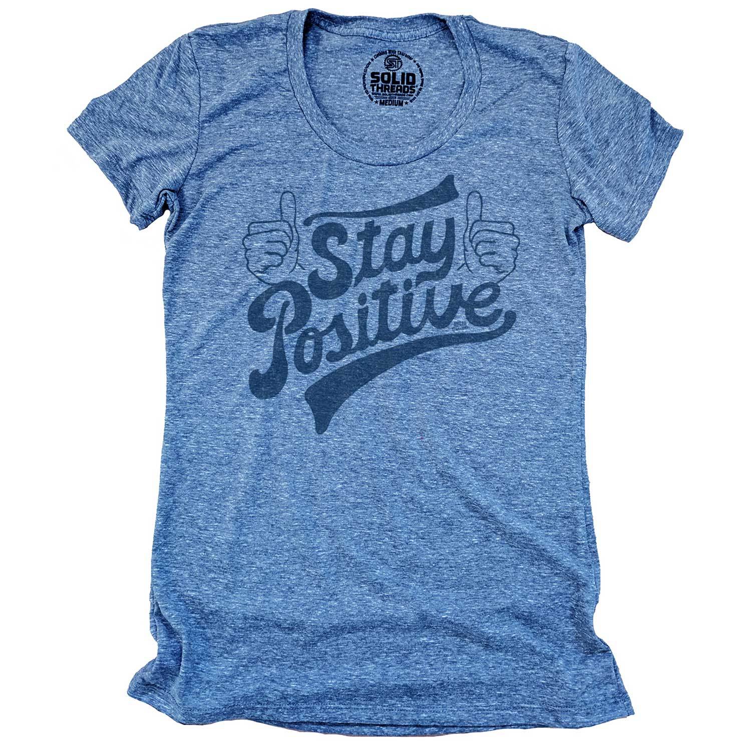 Women's Stay Positive Vintage Thumbs Up Graphic T-Shirt | Retro Wholesome Tee | Solid Threads