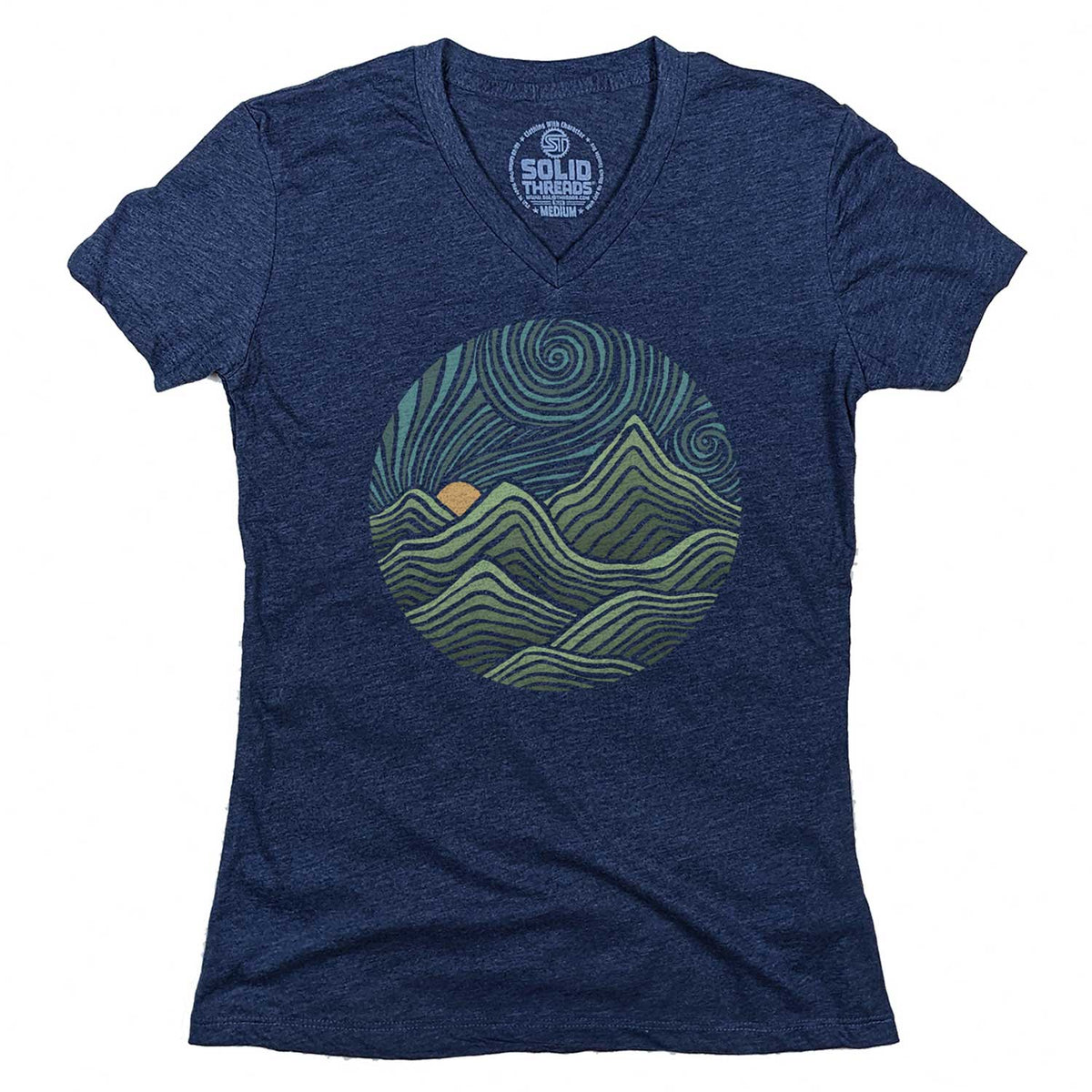 Women&#39;s Swirly Mountains Vintage Graphic V-Neck Tee | Retro Nature T-shirt | Solid Threads