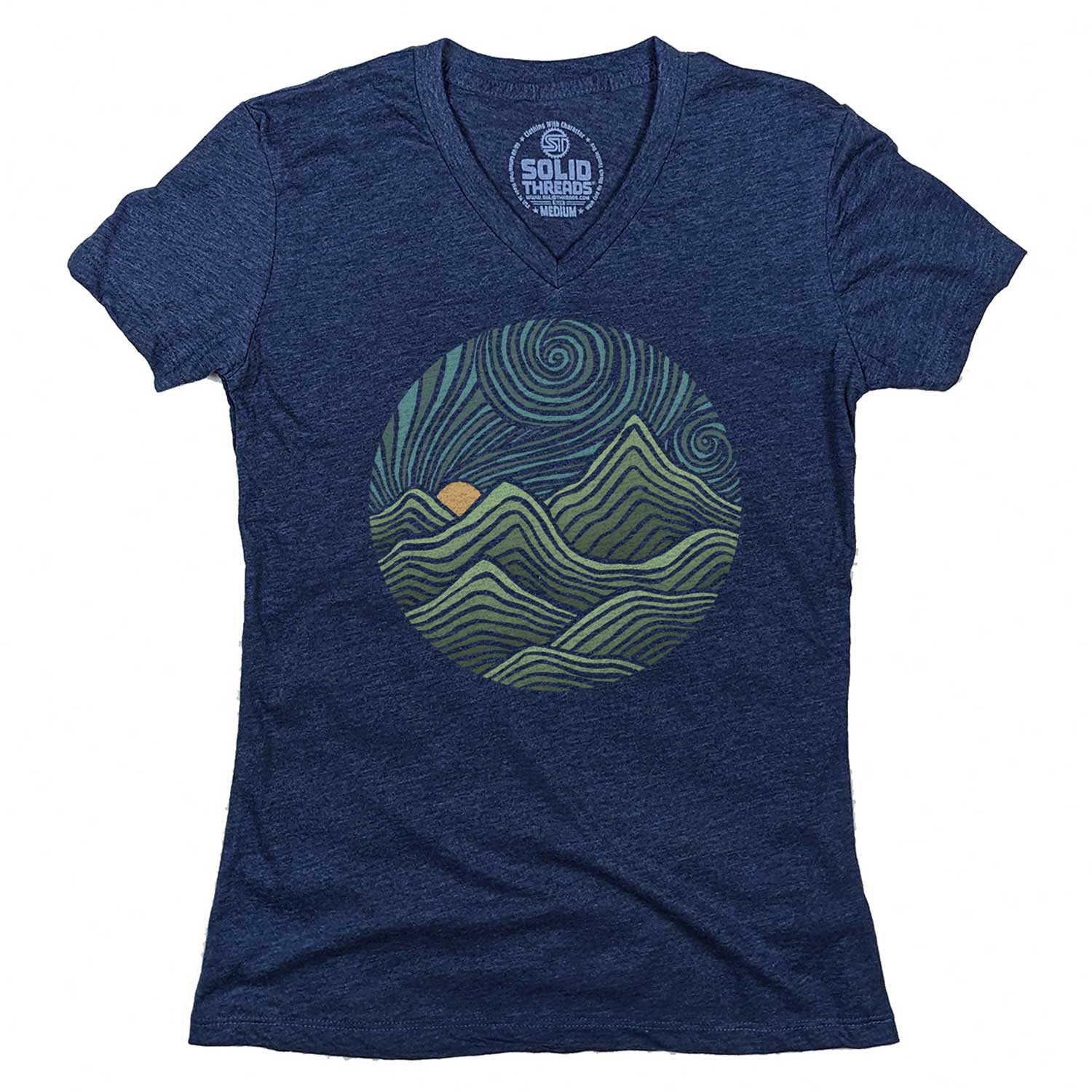 Women's Swirly Mountains Vintage Graphic V-Neck Tee | Retro Nature T-shirt | Solid Threads