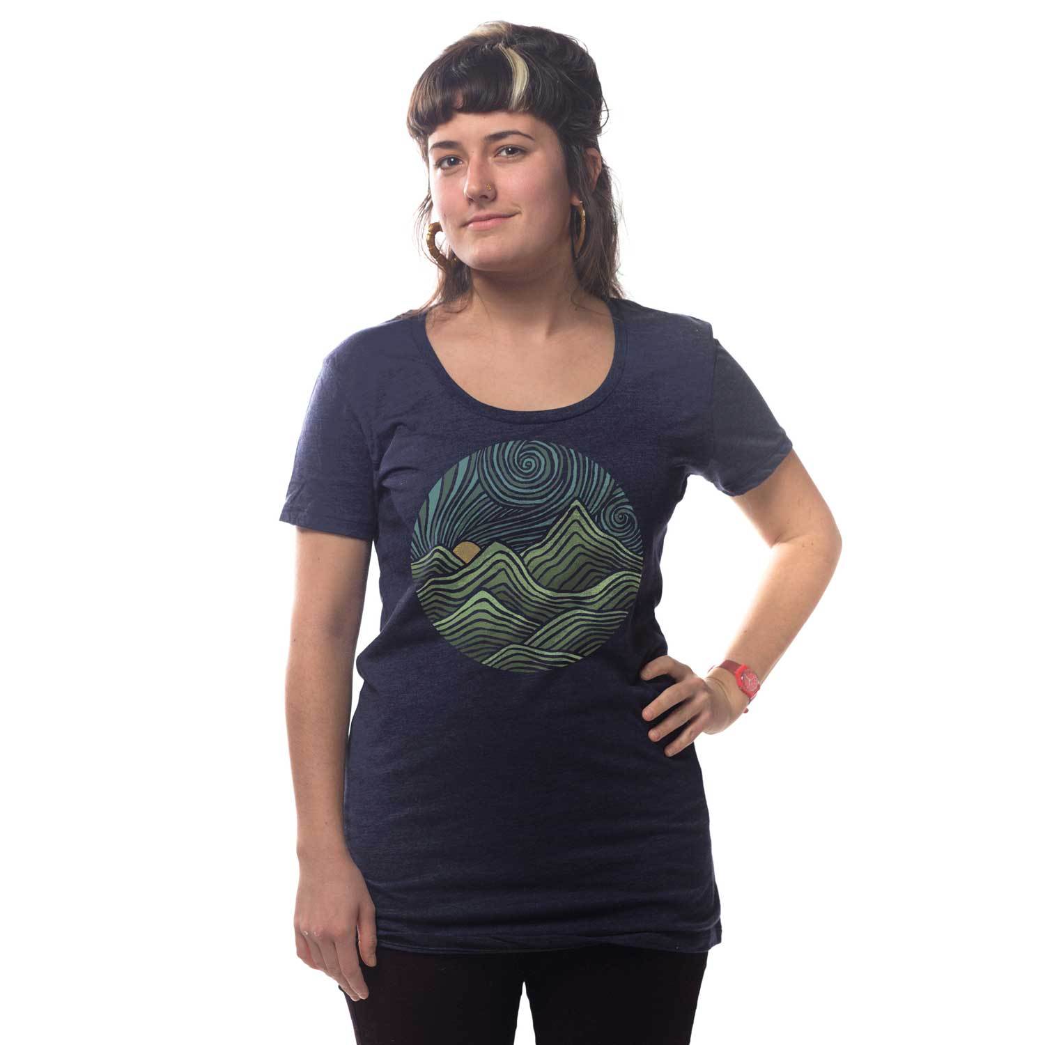 Women's Swirly Mountains Vintage Graphic Tee | Cool Colorful Nature T-Shirt on Model | Solid Threads